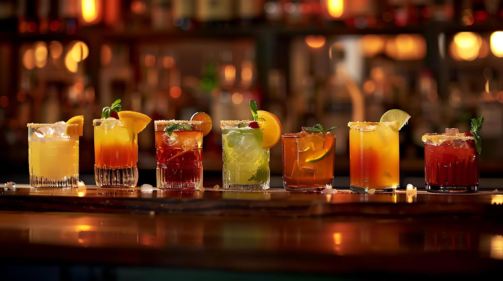 AI generated Vibrant Cocktail Selection Captures Bar Ambience with Blurred Patrons photo