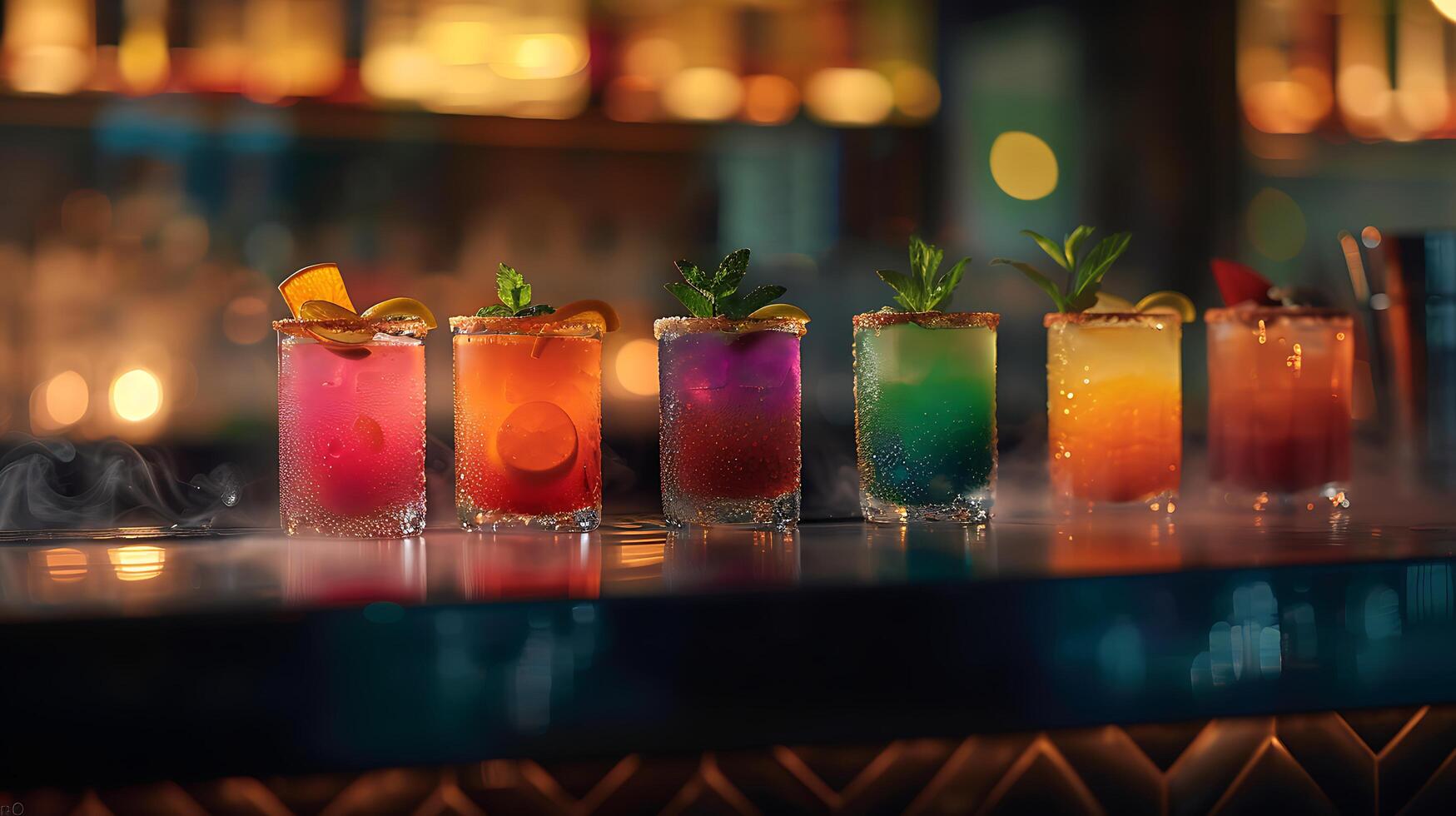 AI generated Vibrant Cocktails on Bar Counter with Colorful Garnishes and Condensation Captured in CloseUp photo