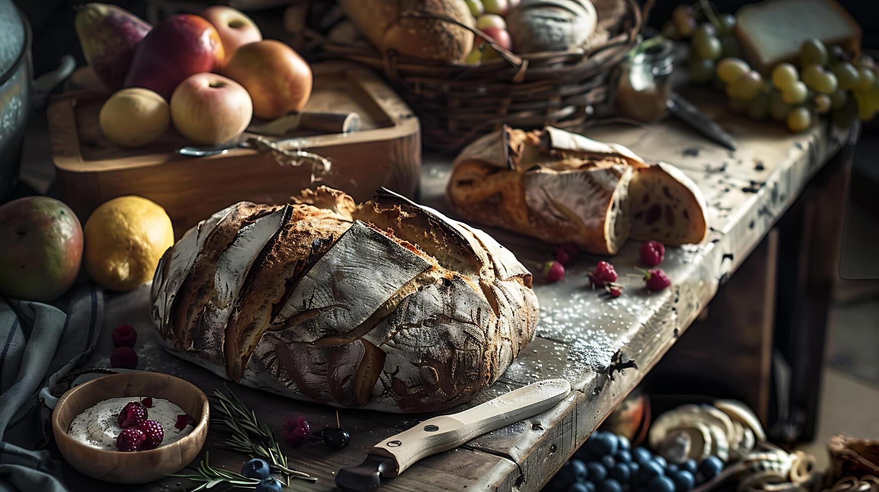 ai generado abundante cosecha rústico mesa conjunto con vistoso frutas y vegetales iluminado por suave natural ligero foto