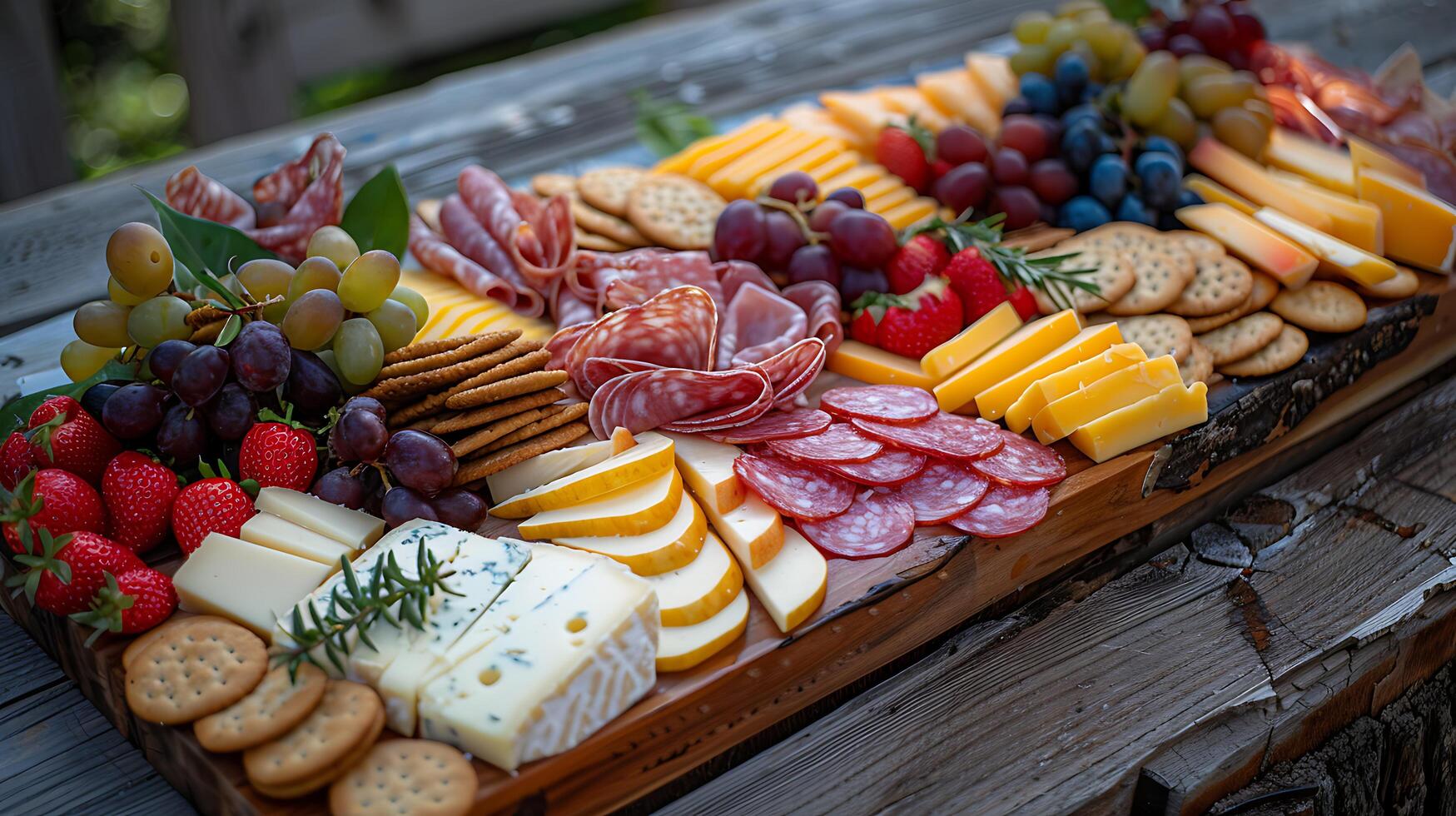 AI generated Artfully Arranged Charcuterie Delights on Rustic Table Bathed in Soft Natural Light photo
