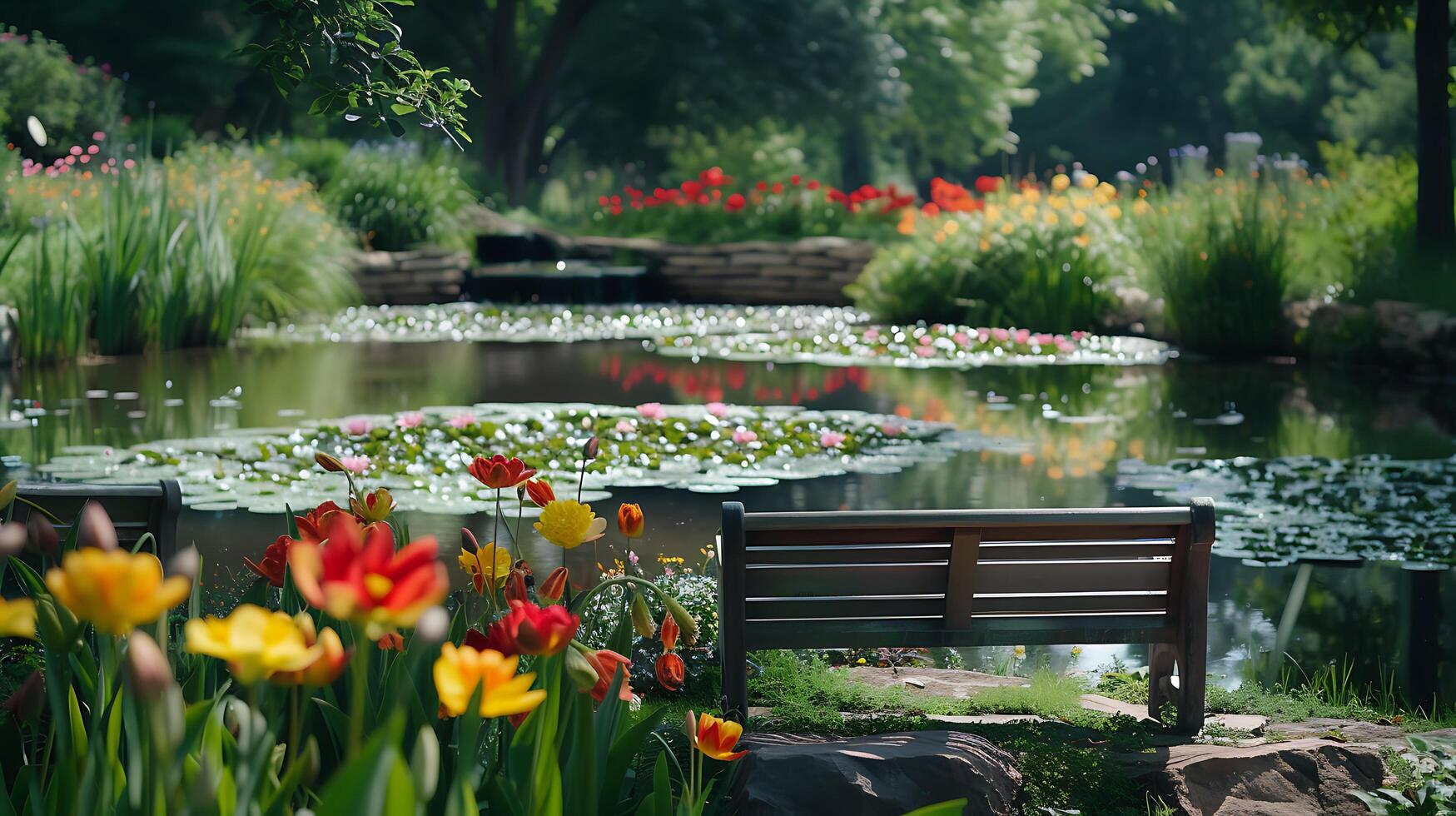 AI generated Vibrant Garden Scene Colorful Flowers Wooden Bench and Serene Pond Captured in Wide 50mm Shot photo