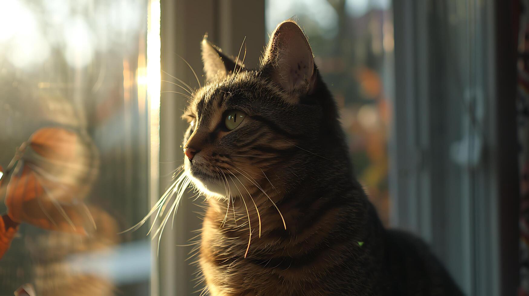 AI generated Curious Tabby Cat Gazes at Cityscape Bathed in Soft Natural Light photo