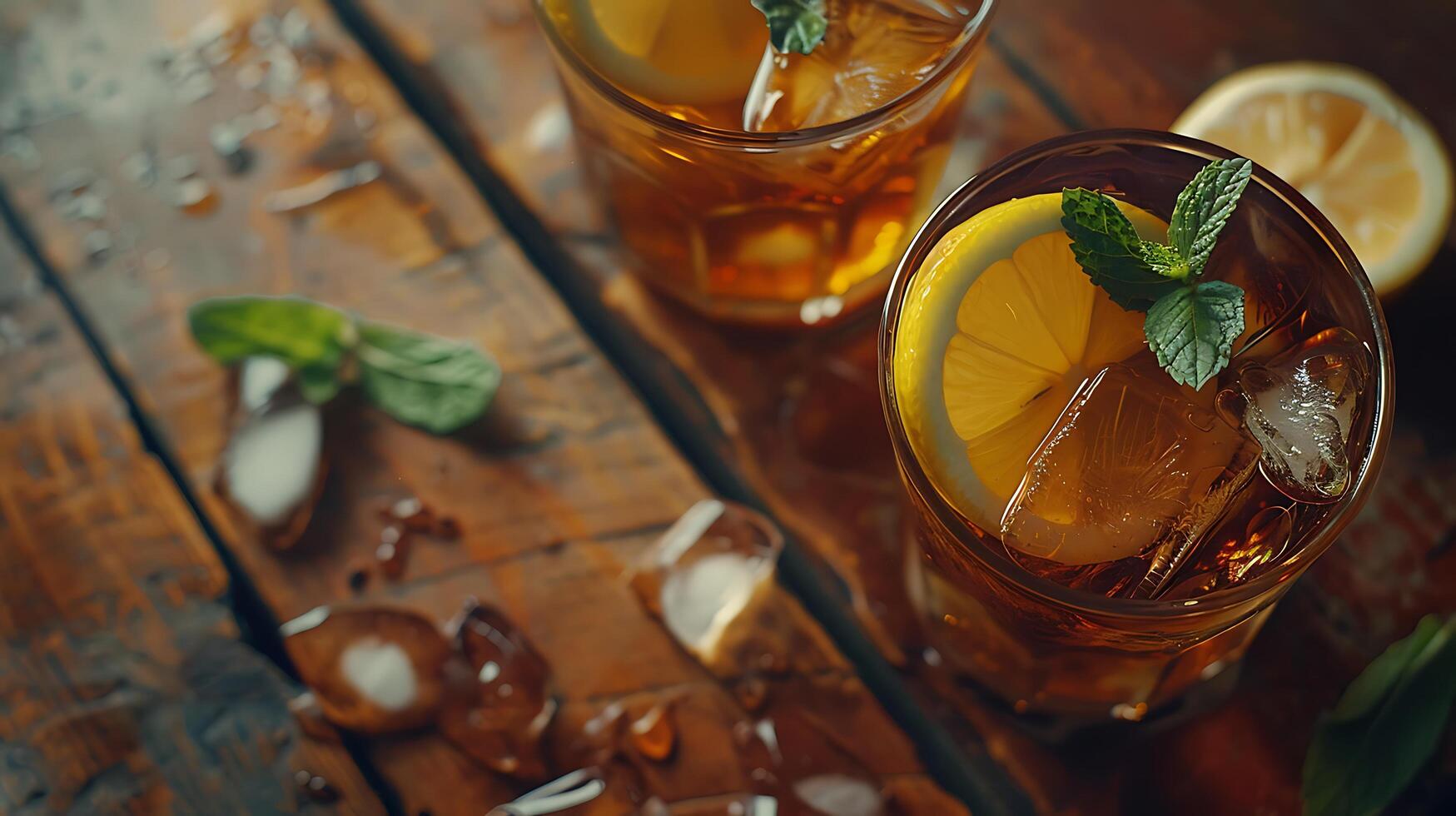 AI generated Rustic Refreshment Iced Tea Lemon and Mint Illuminated by Soft Natural Light photo