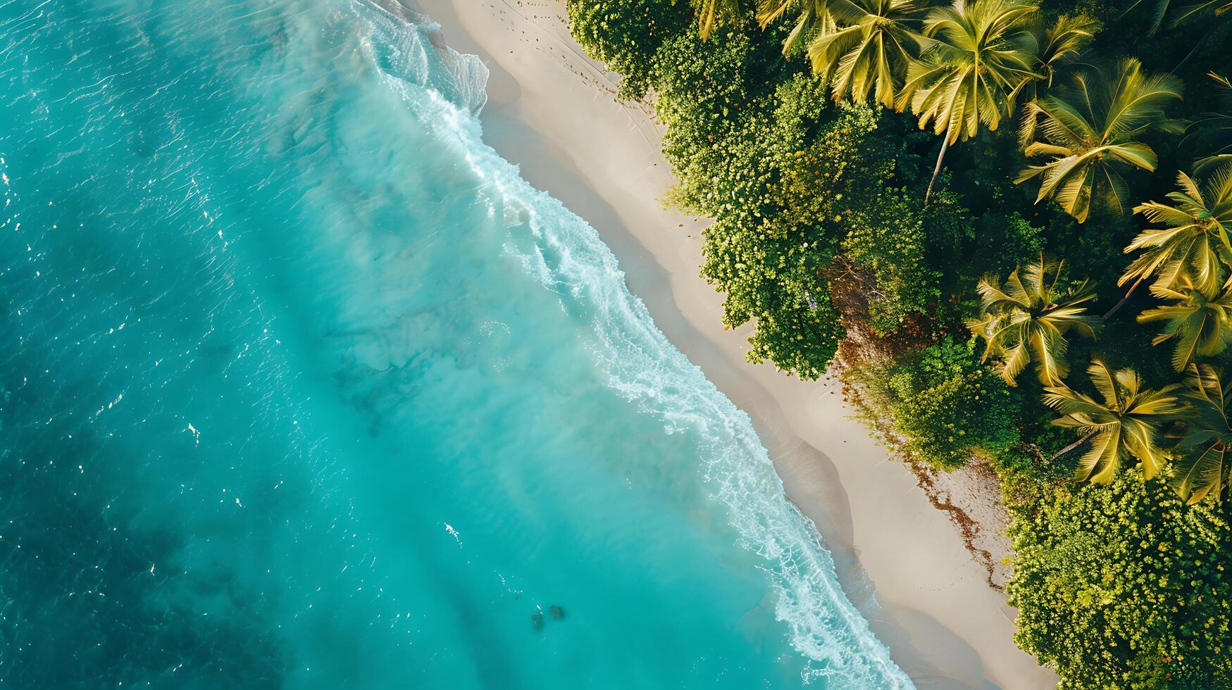 AI generated Expansive Tropical Beach Crystal Clear Water White Sand and Palm Trees from Aerial Wide Angle View photo