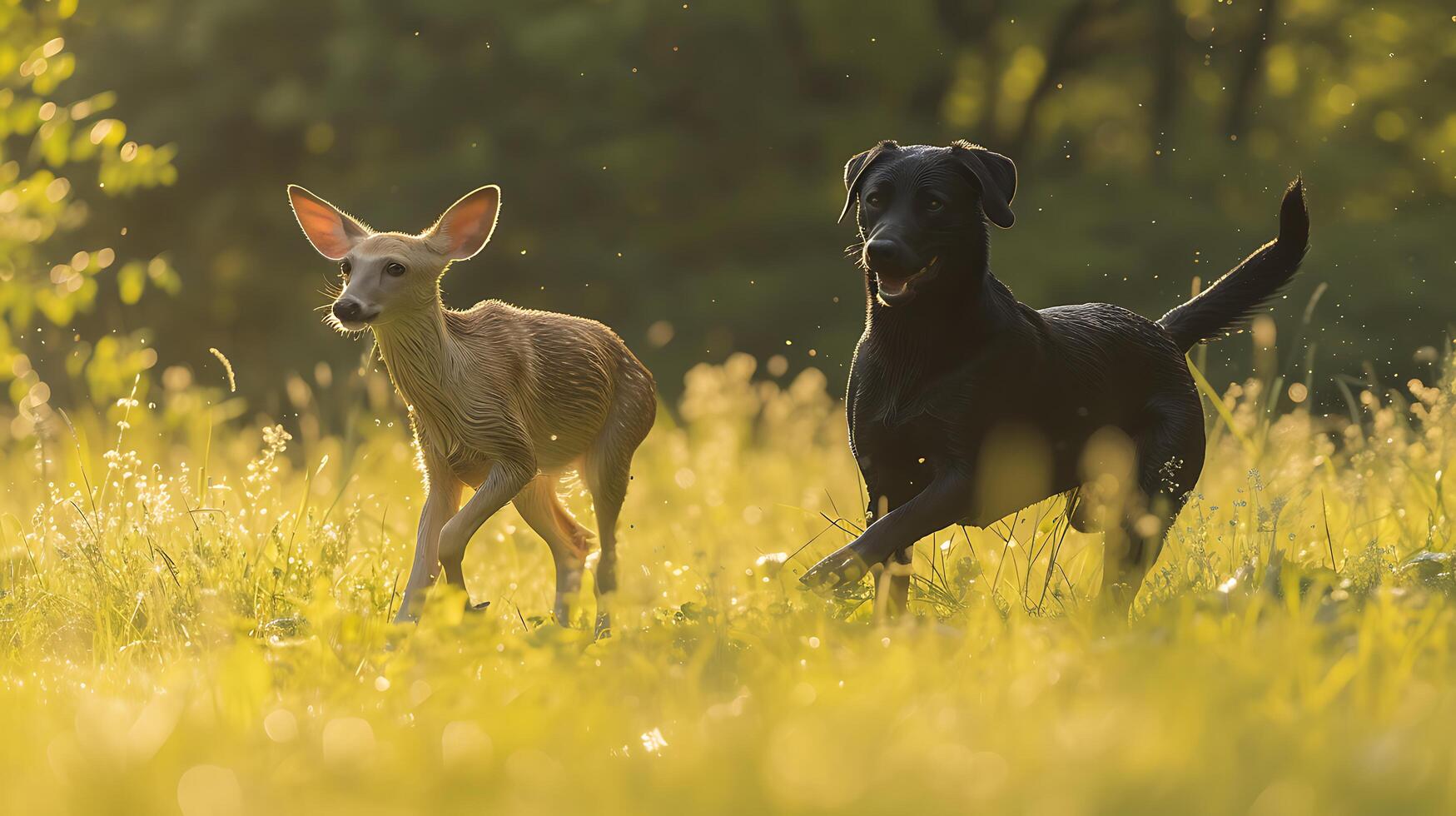 ai generado juguetón Labrador y amable ciervo fiesta en bañado por el sol prado exhibiendo inesperado amistad en lozano verdor foto