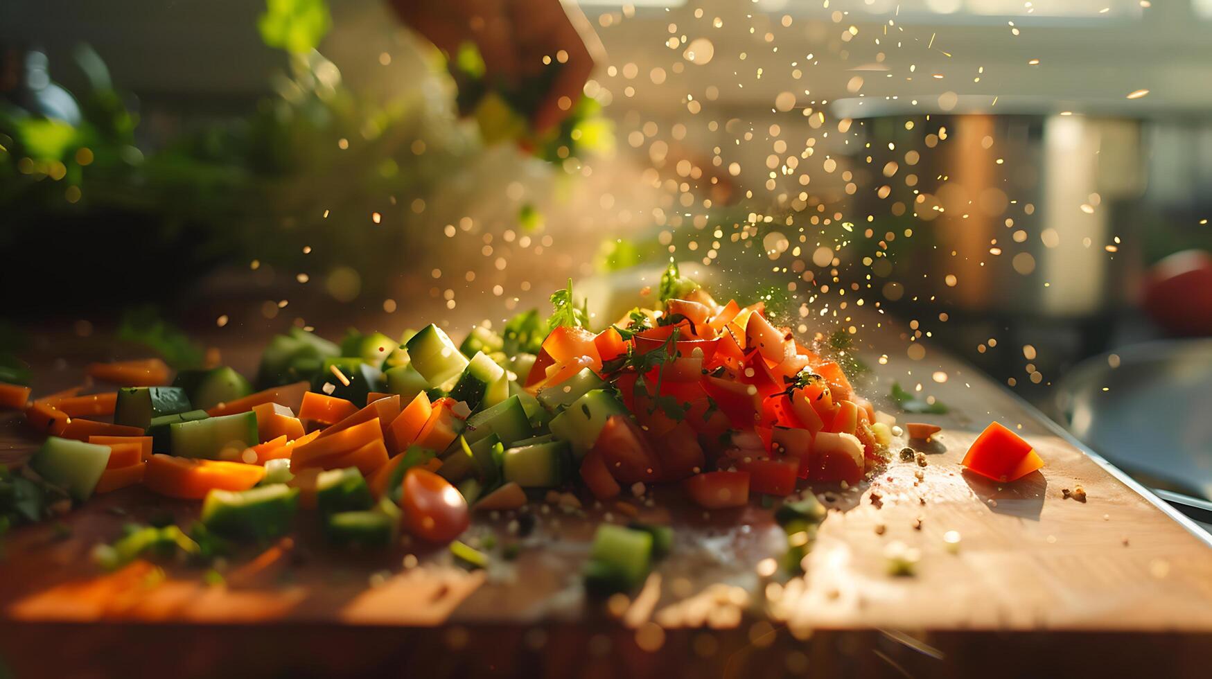 AI generated Artfully Chopped Vegetables and Herbs Illuminate Cutting Board in Soft Natural Light photo