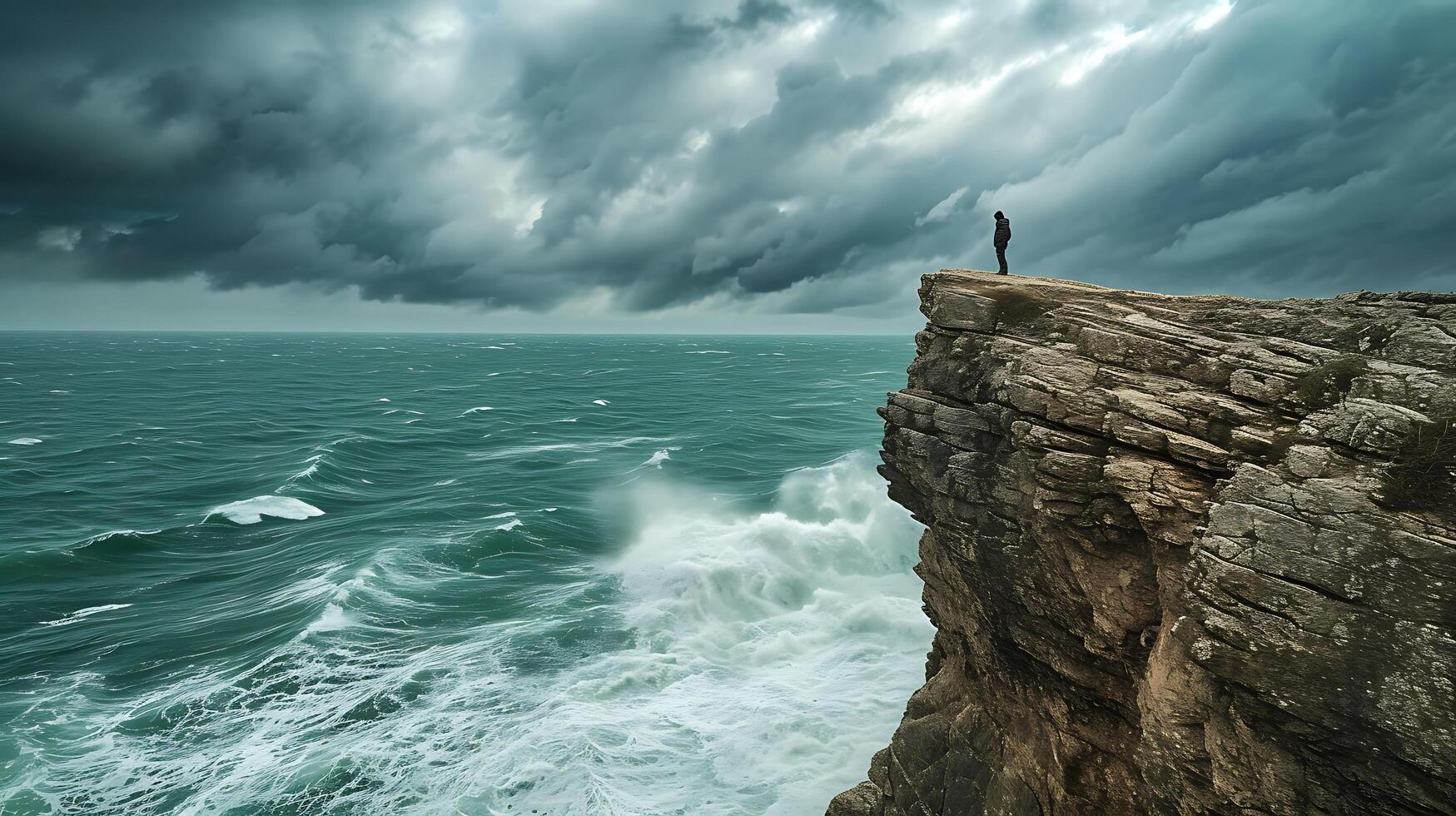 AI generated Resolute Figure Faces Turbulent Sea Symbolizing Strength and Perseverance photo