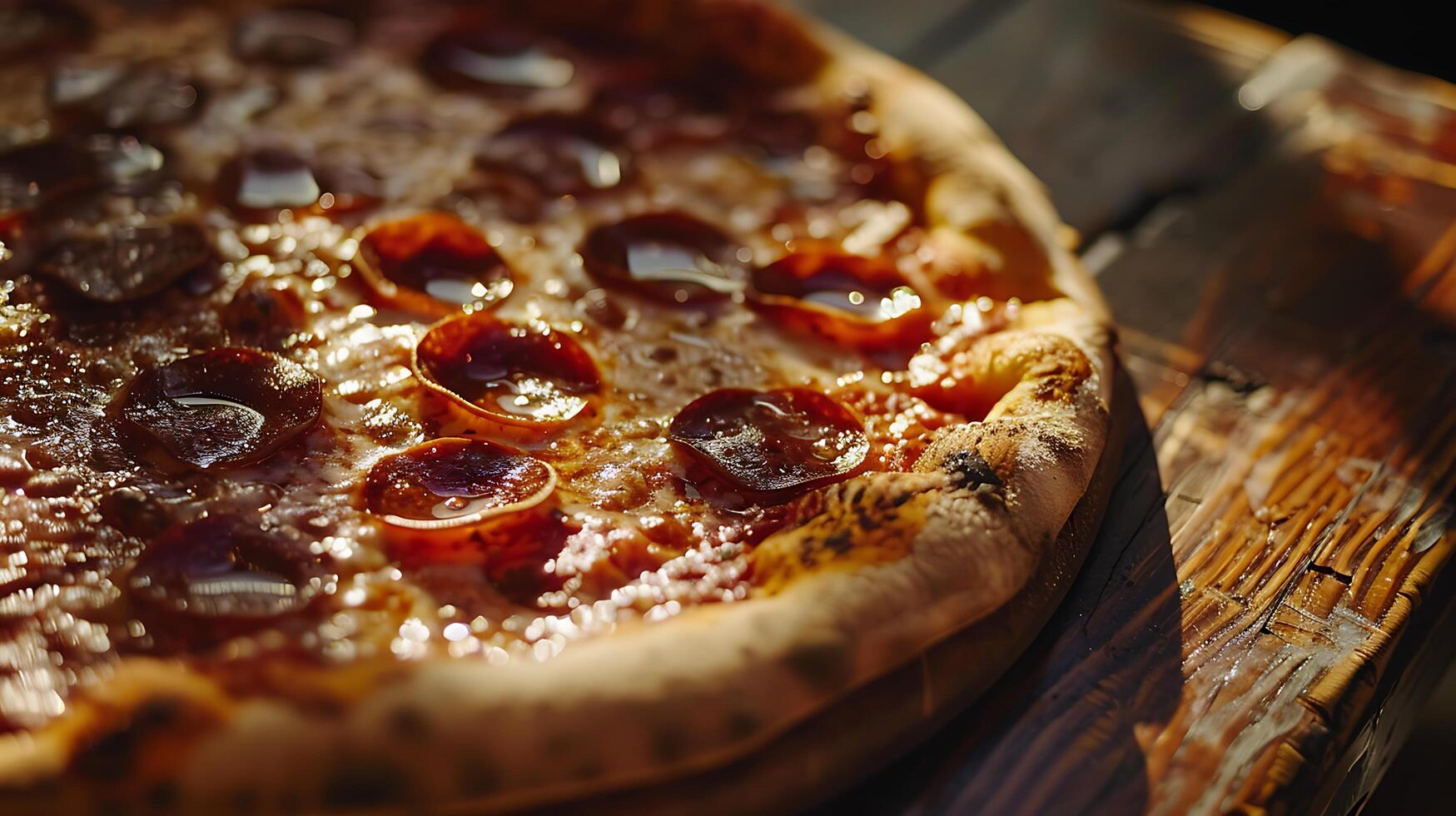 AI generated Freshly Baked Pepperoni Pizza on Rustic Table Captured with Warm Natural Light and Crispy Cheese Emphasis photo