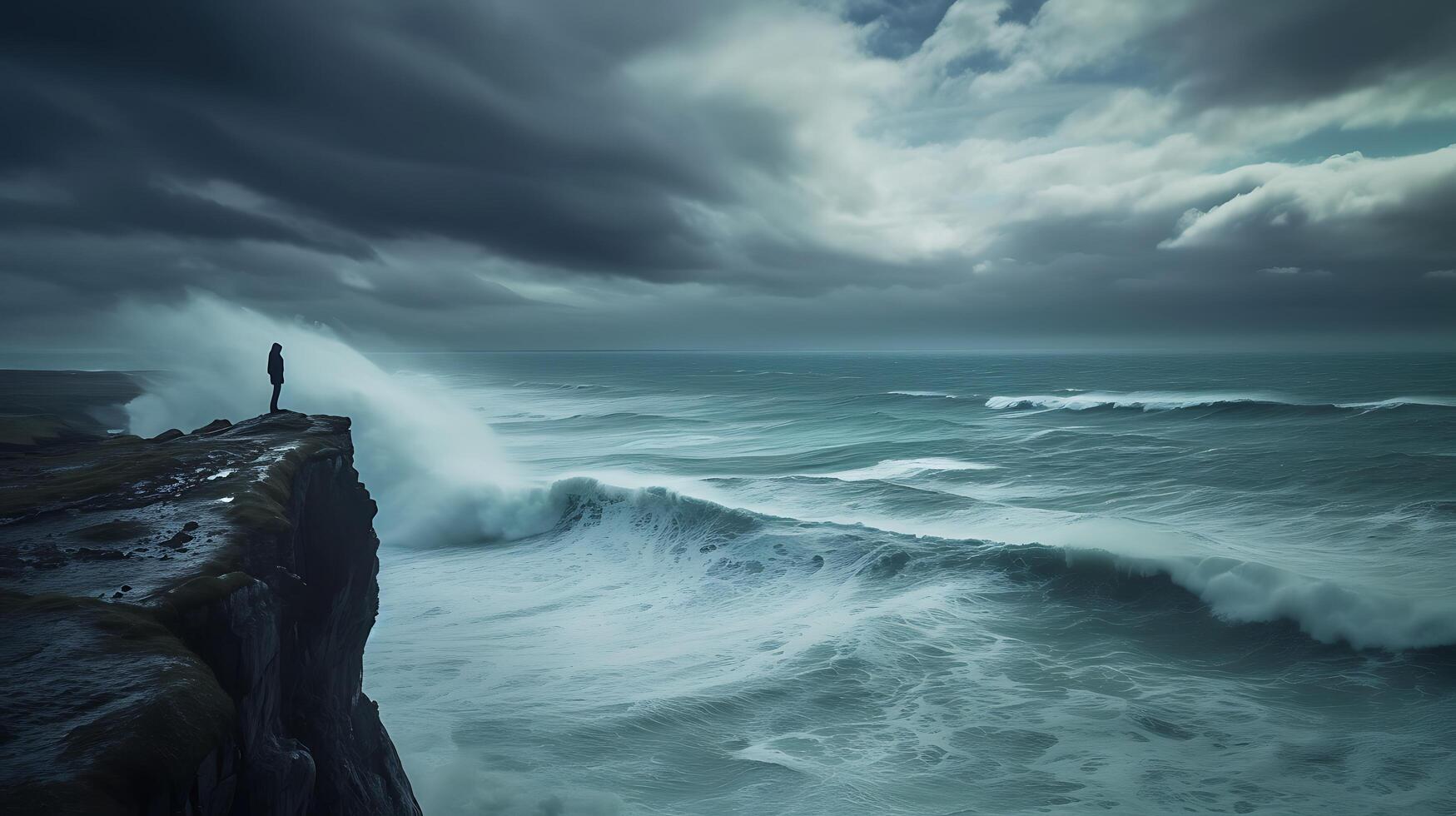 AI generated Contemplative Figure Stands on Cliff Facing Turbulent Ocean Embraced by Raw Power and Unpredictable Nature photo