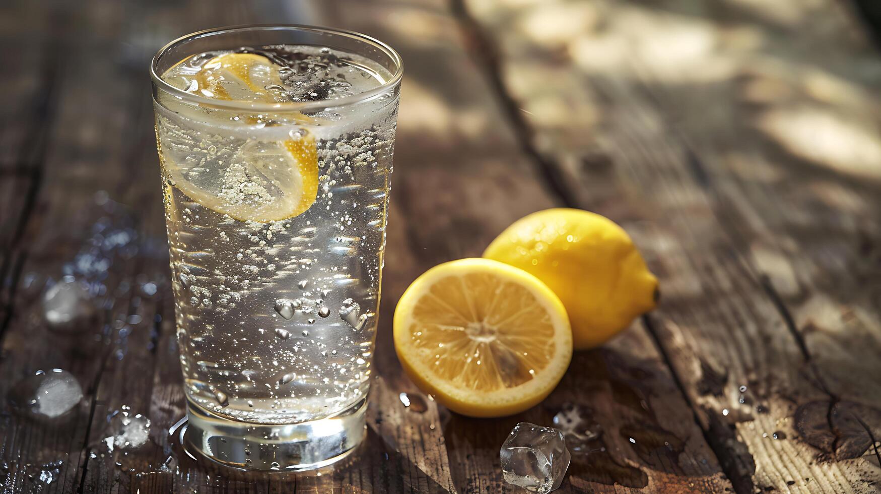 ai generado refrescante vaso de espumoso agua con limón y hielo bañado en suave natural ligero foto