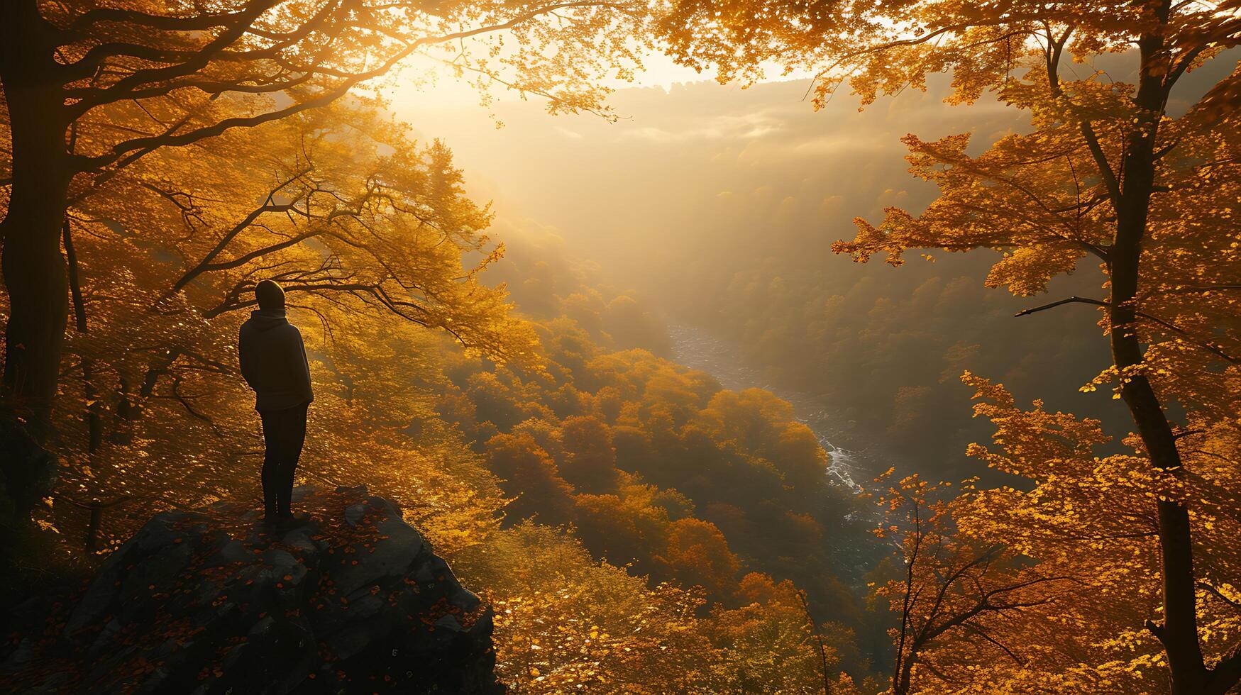 AI generated Contemplative Figure Embracing Autumn Change in Sunlit Valley with Determined Posture photo