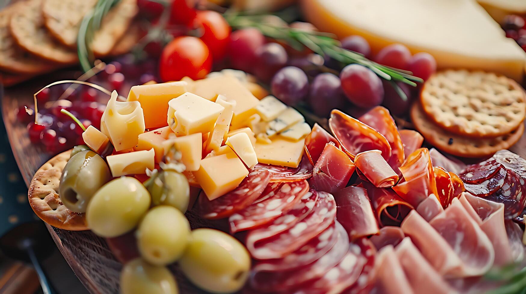 AI generated Artisanal Charcuterie Delight Assorted Cheeses Meats and Fruits on Rustic Wooden Background photo