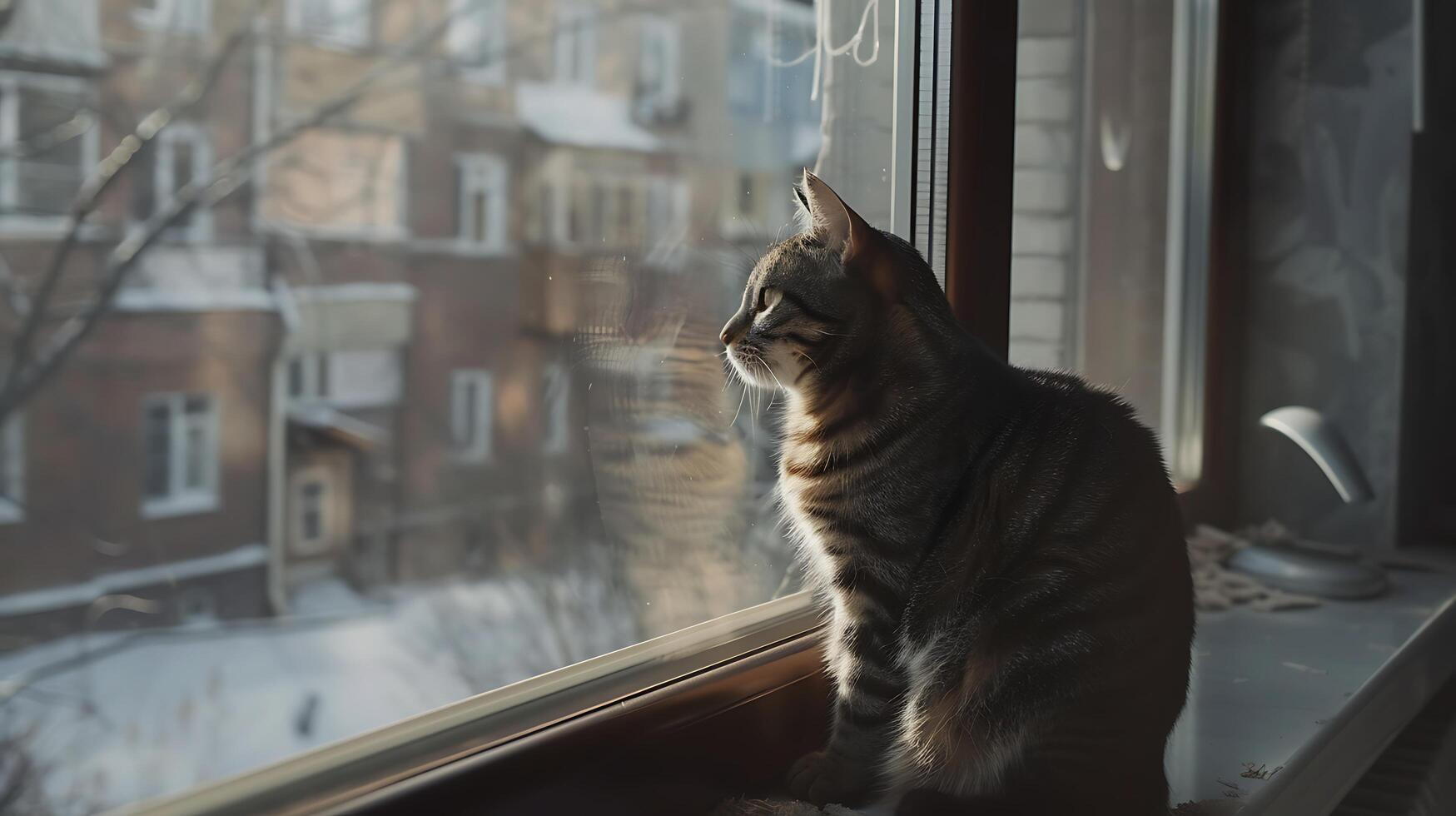 AI generated Curious Tabby Cat Basks in Soft Natural Light on Windowsill photo