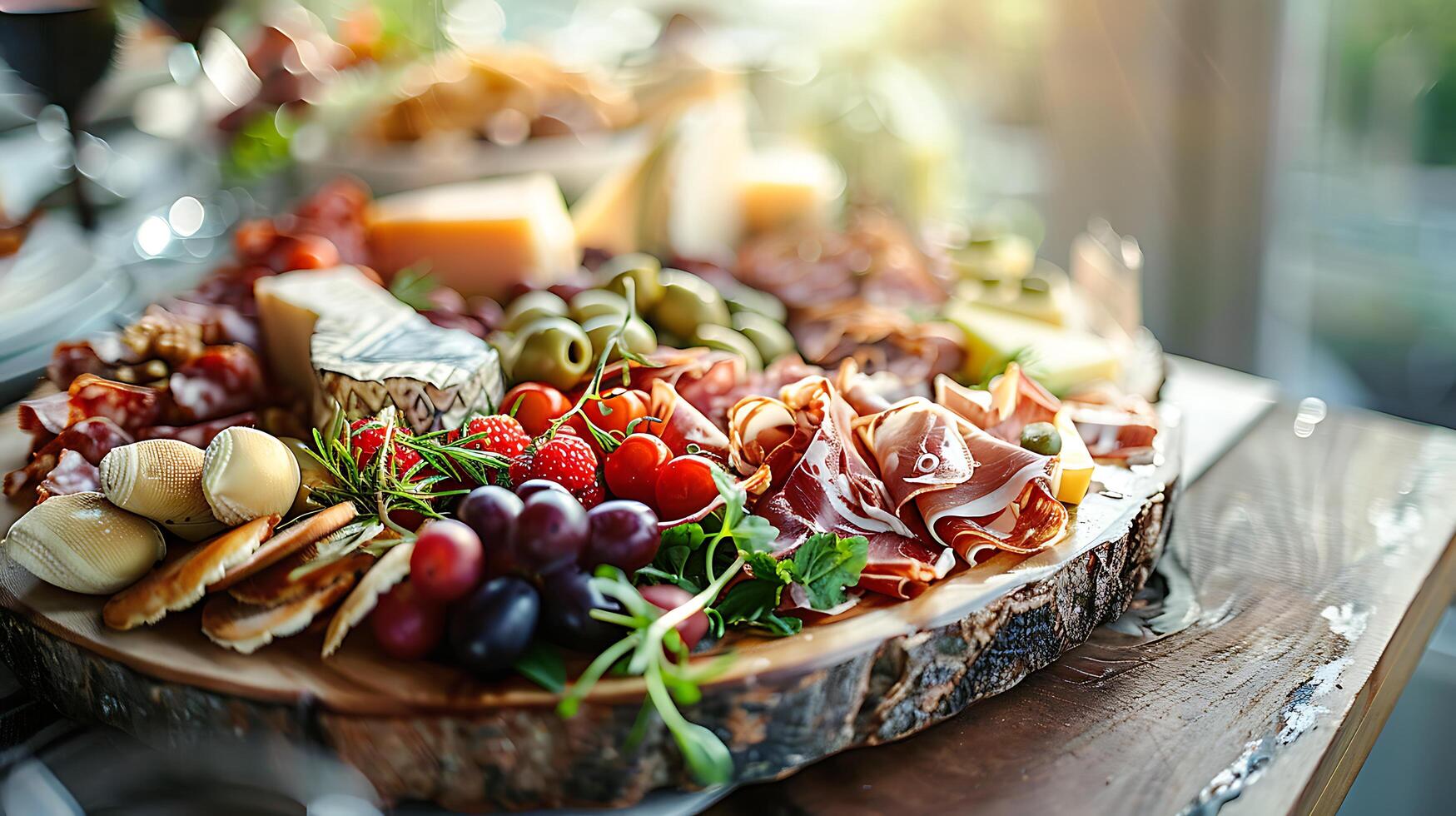 AI generated Rustic Charcuterie Delight Assorted Cheeses Meats Fruits and Nuts on a Decorated Wooden Table Bathed in Soft Natural Light photo