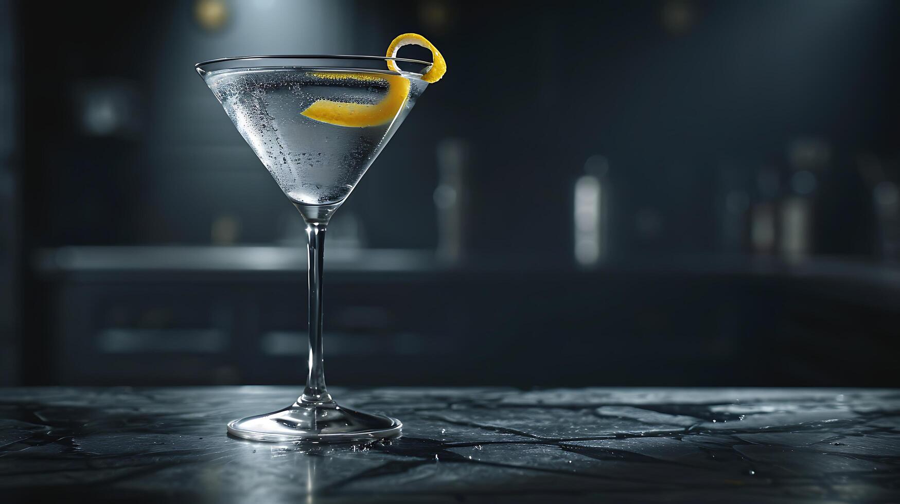 AI generated Elegant Martini Glass with Lemon Twist Captured in Moody CloseUp photo