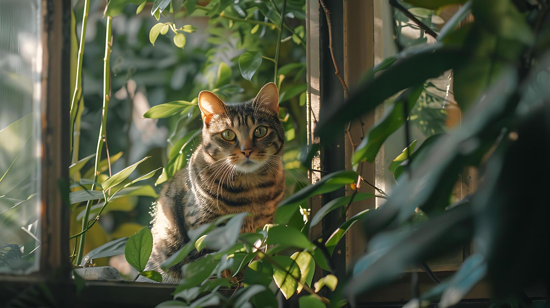 ai generado curioso atigrado gato disfruta iluminado por el sol perca en medio de lozano verdor foto