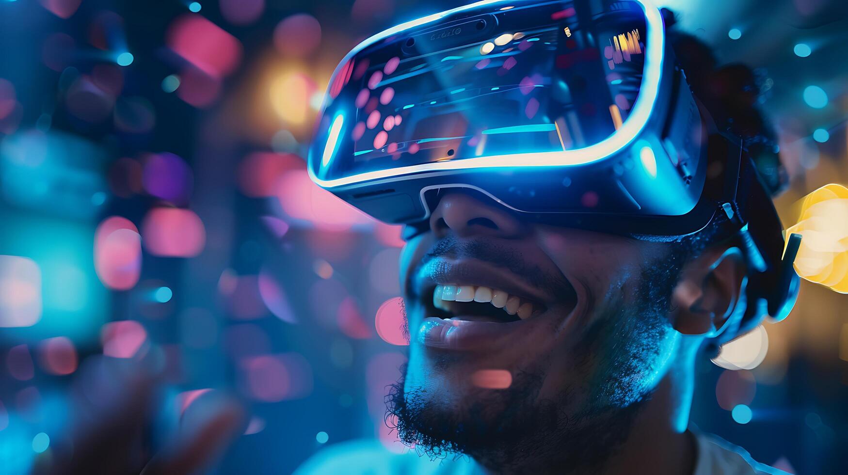 AI generated Man Immerses in Virtual Reality World with VR Glasses Captured in CloseUp photo
