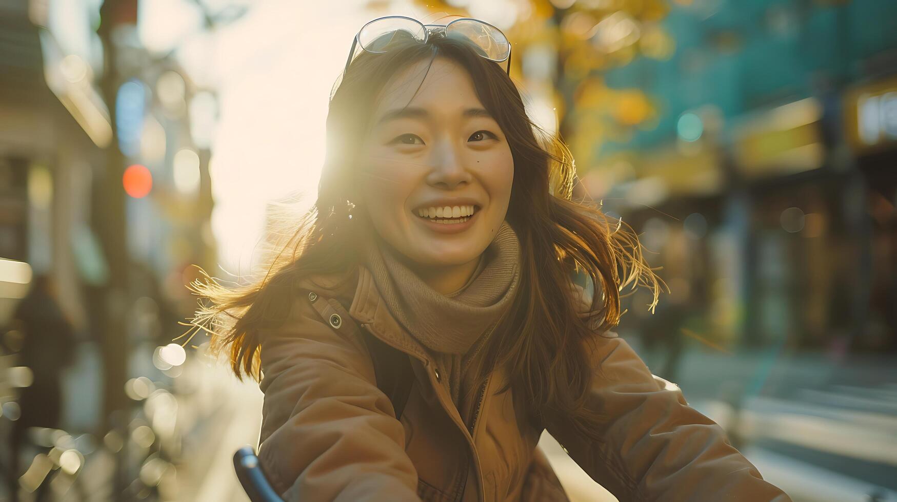 AI generated Young Woman Captured in CloseUp Smiling and Listening to Music with Wireless Headphones and Modern Smartphone photo