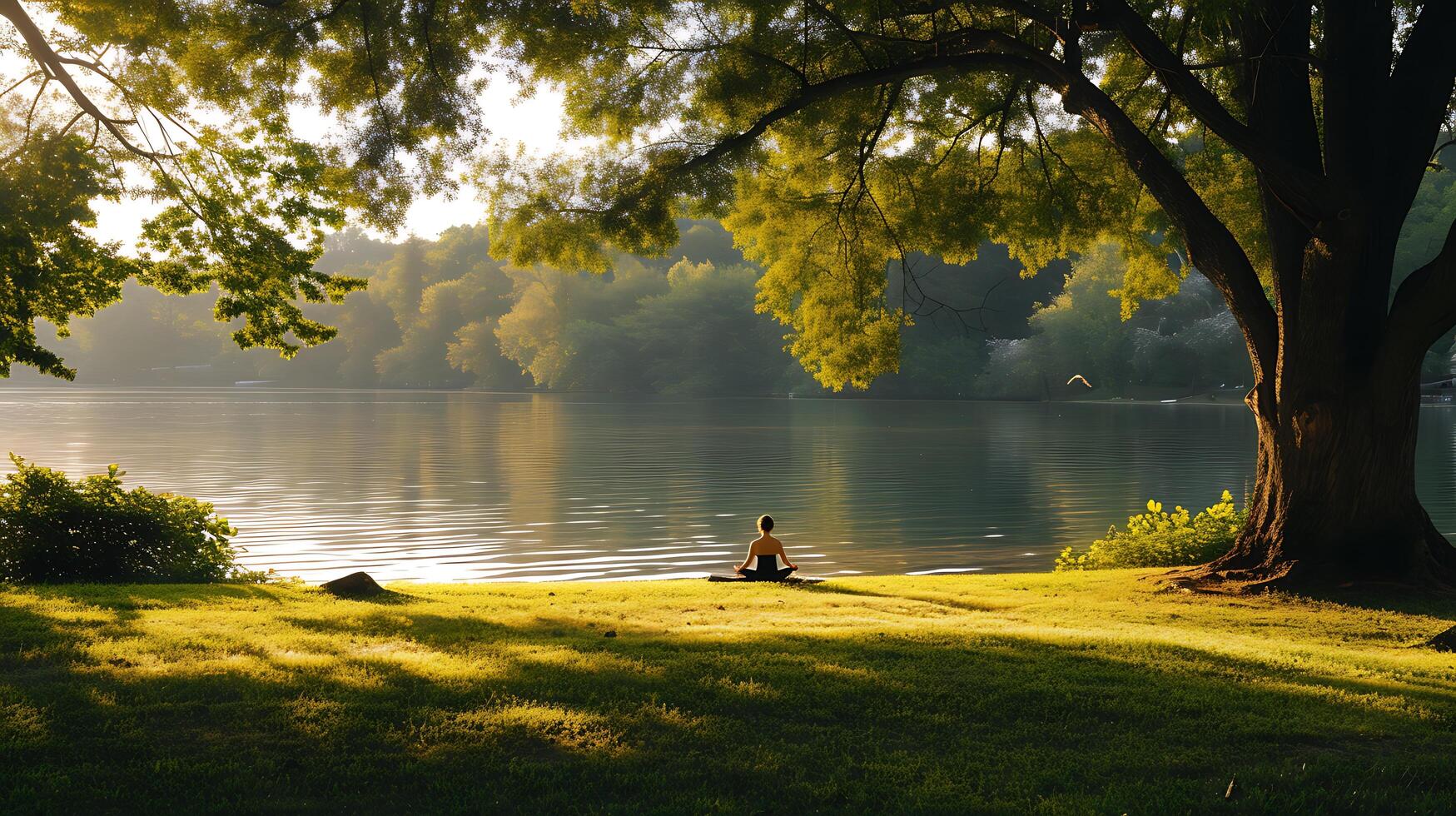 ai generado tranquilo yoga práctica a puesta de sol por sereno orilla del lago abrazando naturalezas calma y tranquilidad foto