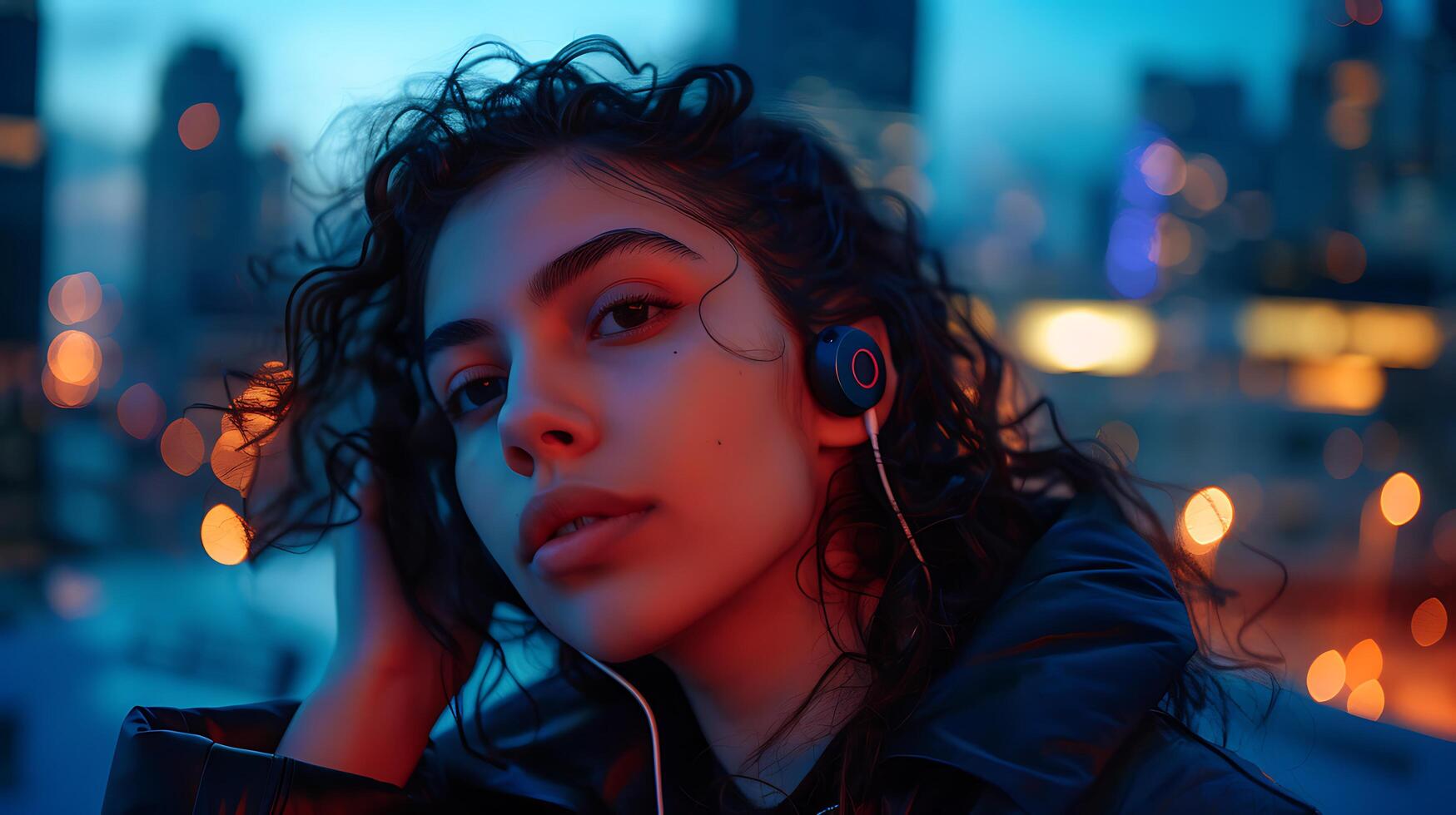 AI generated Young Woman Dances to Music with Wireless Earbuds Cityscape Blurred in the Background photo