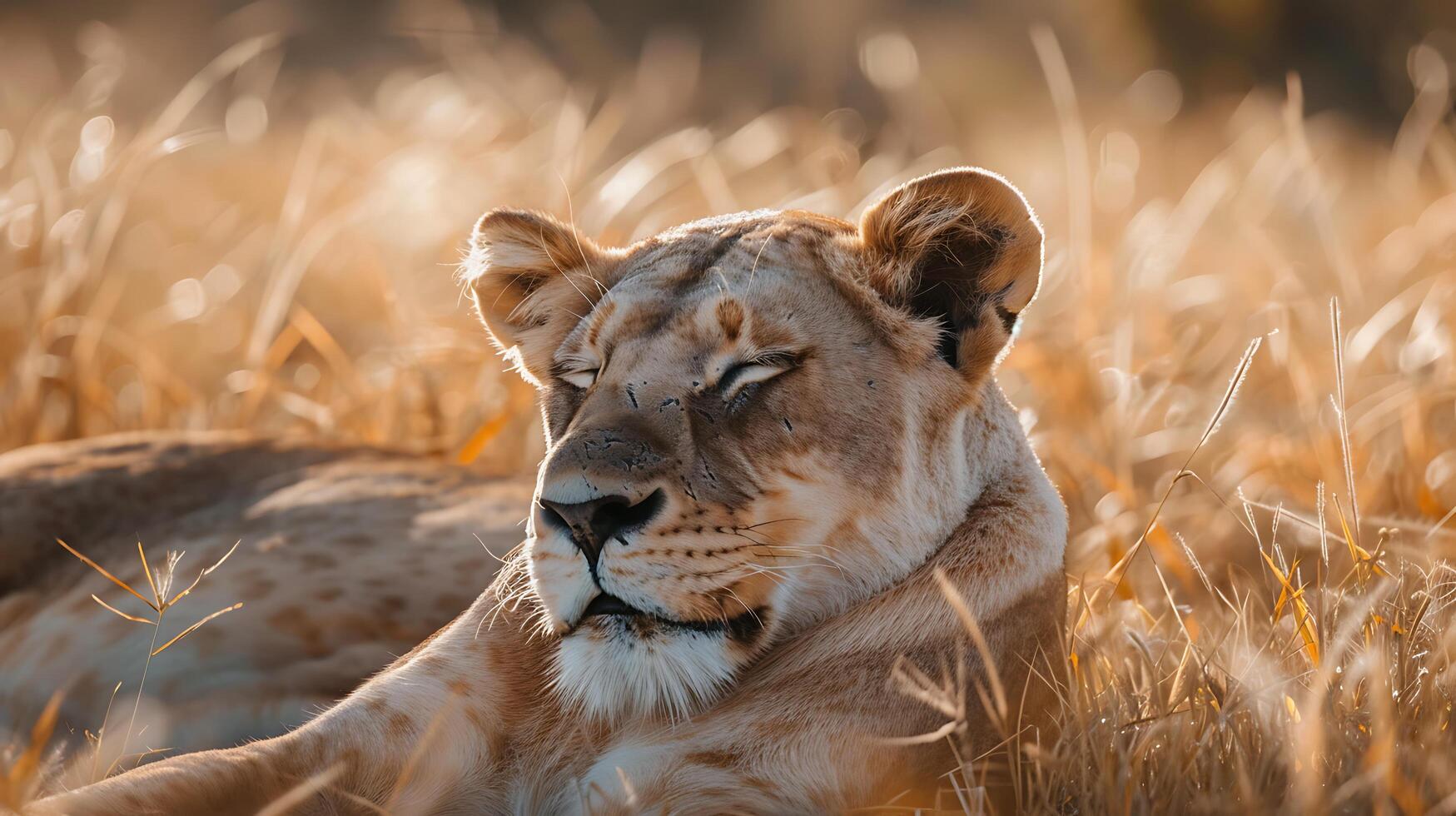 AI generated Majestic Lioness Rests in African Savanna Softly Blurred Expanse Beyond Tall Grass photo