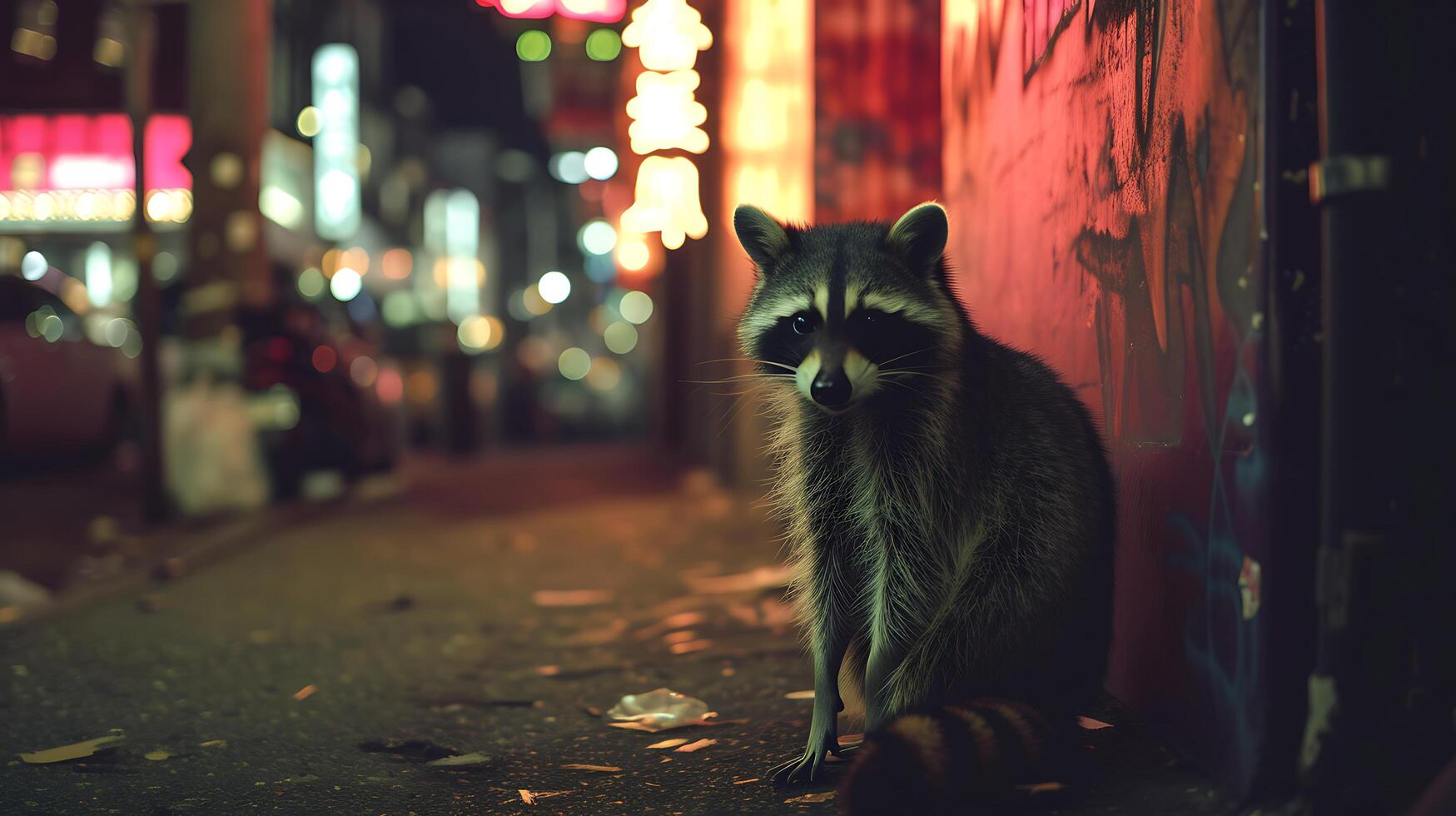 ai generado urbano mapaches escabulléndose mediante iluminado por neón paseos caza para comida en medio de el ciudad sinfonía foto