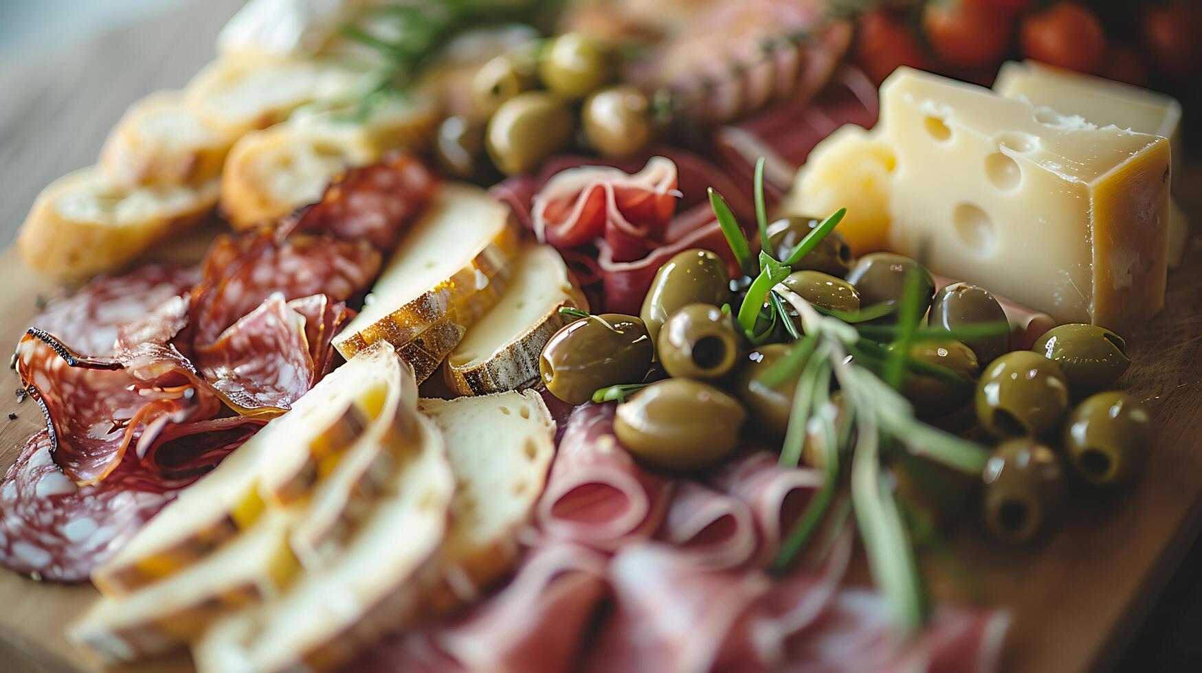 AI generated Vibrant Charcuterie Delight A 50mm Lens Captures Colorful Assortment of Cheeses Meats Olives and Bread photo