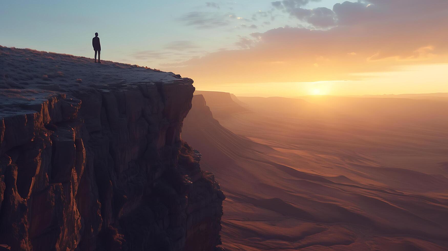 AI generated Contemplating the Unknown Figure Stands at Cliffs Edge Resilient Amidst Daunting Landscape and Dark Storm Clouds photo