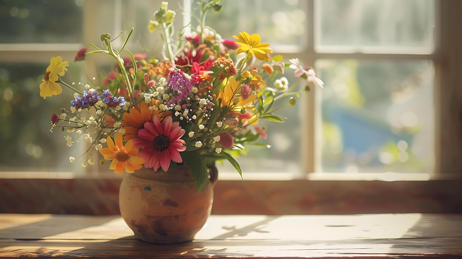 AI generated Assorted Flowers in Rustic Vase A CloseUp Capture with Soft Diffused Background photo