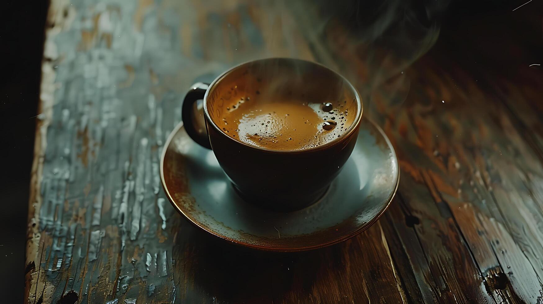 AI generated Steamy Espresso Delight CloseUp of Traditional Cup and Saucer on Rustic Wooden Table Background photo