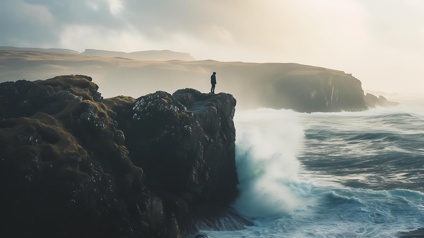 AI generated Resilience in the Face of Adversity Figure Stands Strong Amidst Turbulent Seas and Approaching Storm photo