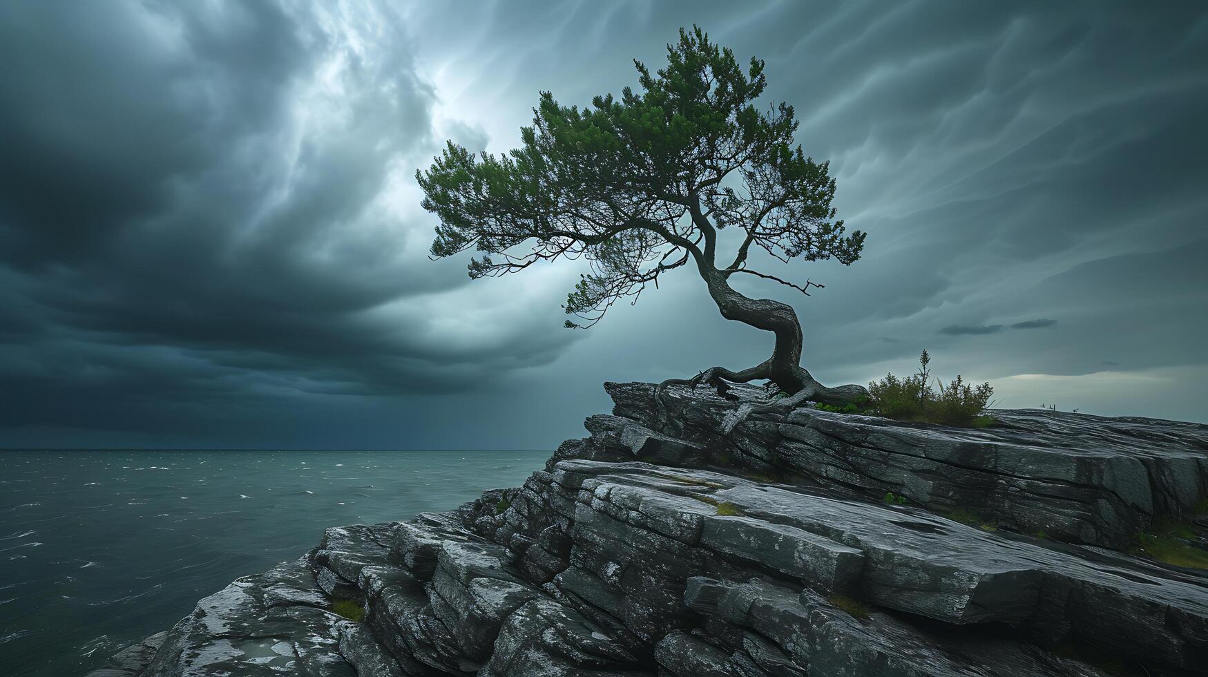 AI generated Resilient Lone Tree Stands Defiant Amidst Stormy Sky Symbolizing Strength and Perseverance photo