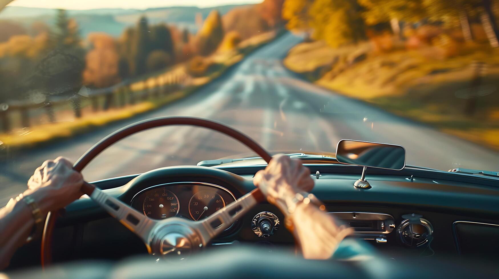 AI generated Senior Woman Embarks on Vintage Car Journey Through Scenic Country Road Steering Wheel and Dashboard in Focus photo