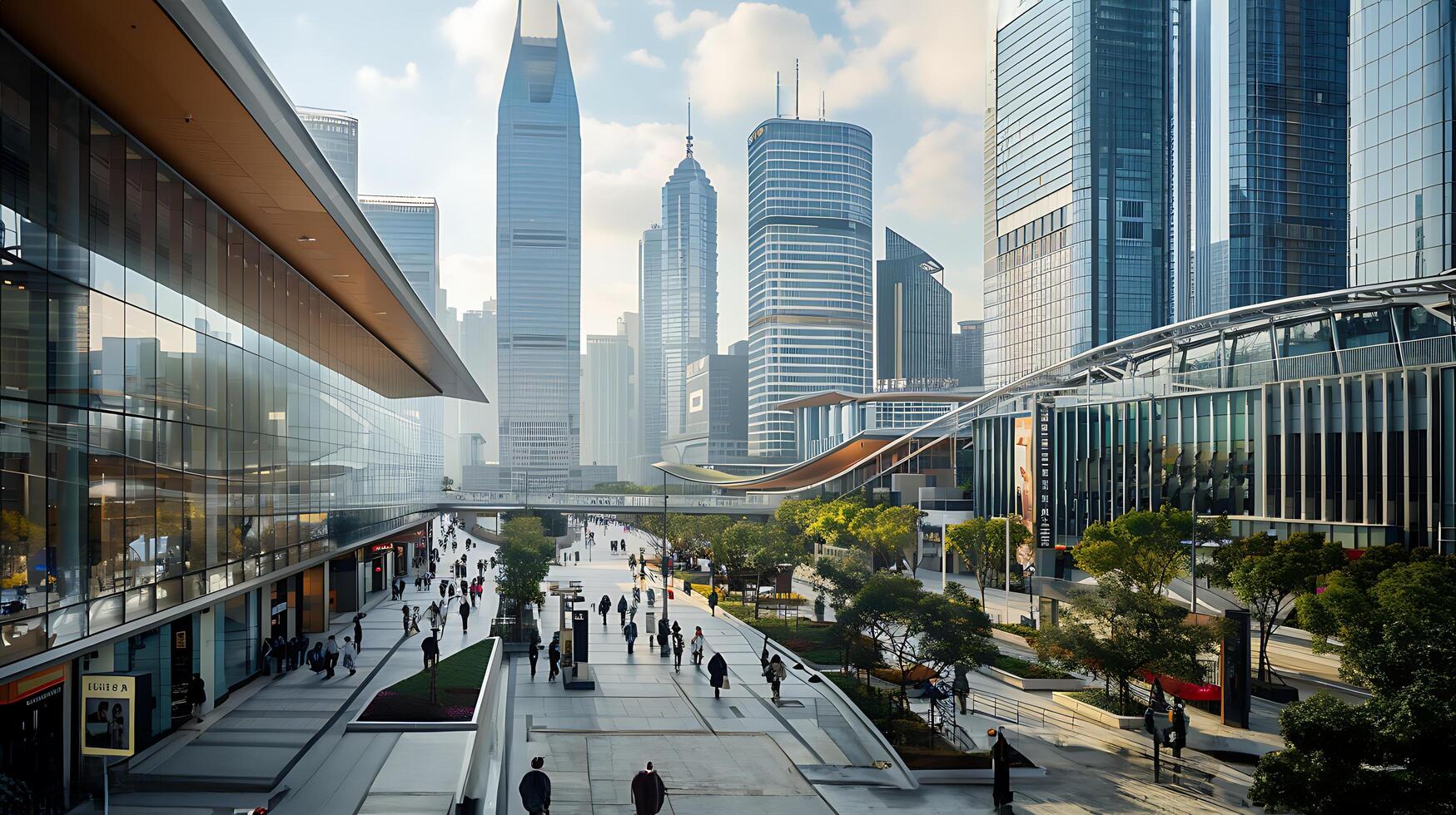 AI generated Bustling Urban Street Modern Skyscrapers Crowded Sidewalks Wide Shot Captured with 24mm Lens photo