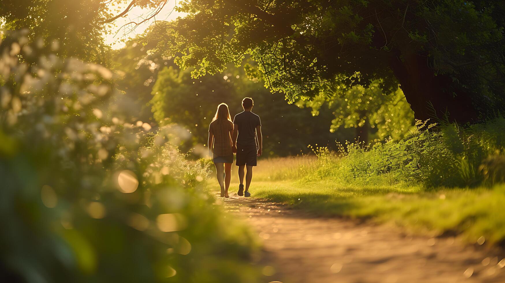 AI generated Romantic Sunset Stroll Young Couple Embraces Beach Walk with Ocean and Distant Island in Background photo