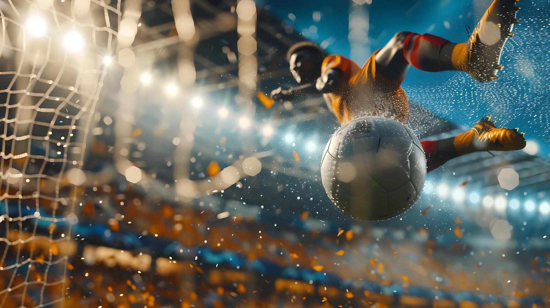 AI generated Midair Soccer Kick Players Focus Amidst Cheering Fans photo