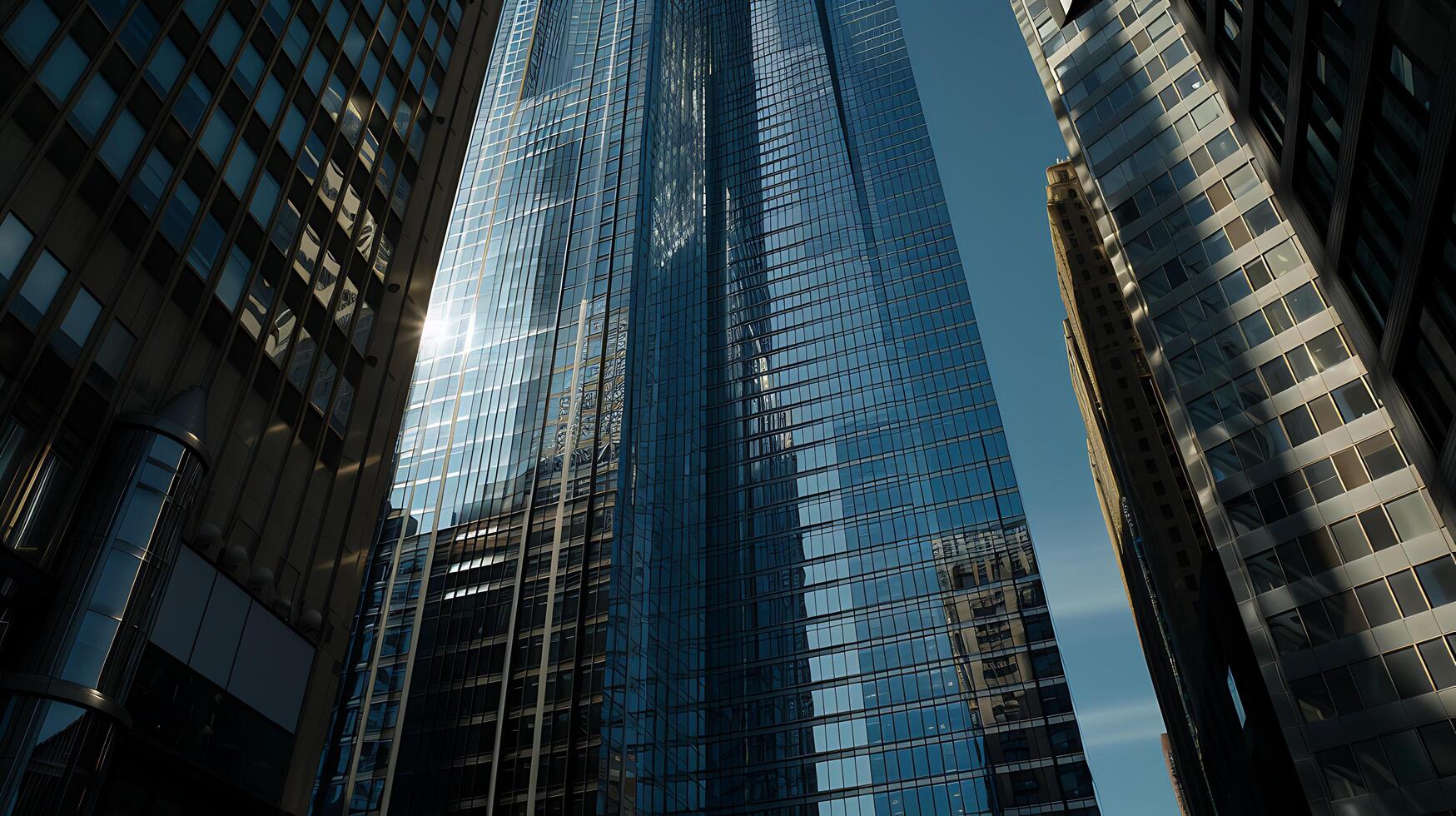 AI generated Futuristic Skyscraper Reflecting Blue Sky Surrounded by Urban Landscape in Telephoto Wide Shot photo
