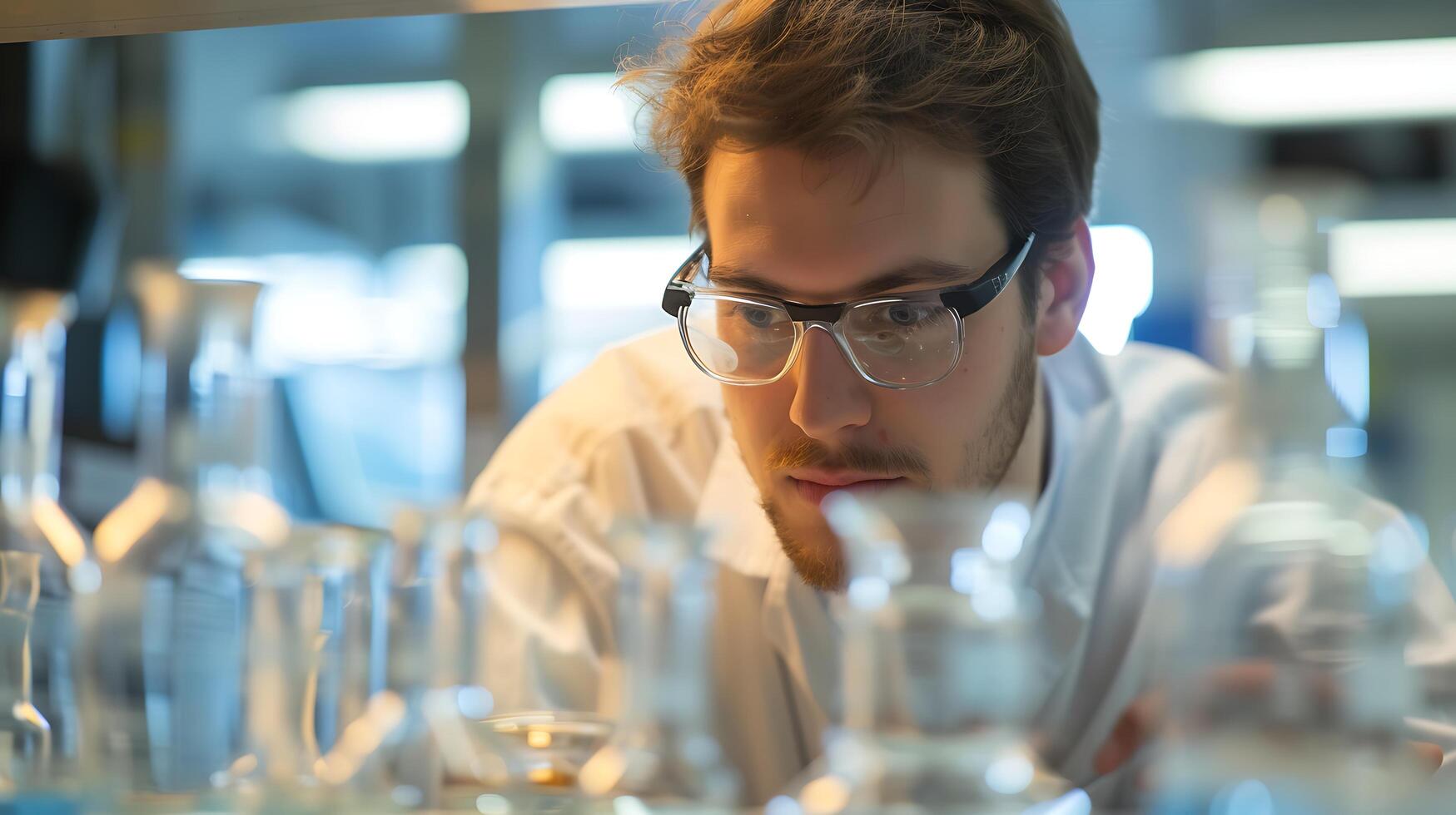 AI generated Scientist Conducts Precise Experiment in Lab Pouring Liquid into Beaker Amid Scientific Equipment photo