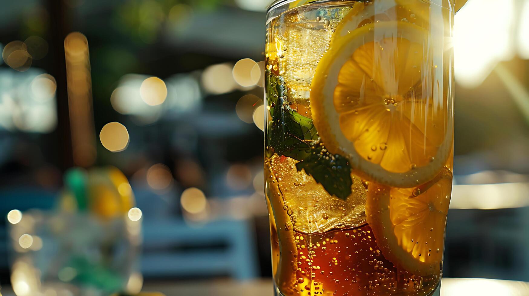 ai generado refrescante con hielo té con limón y menta capturado en de cerca en al aire libre patio foto