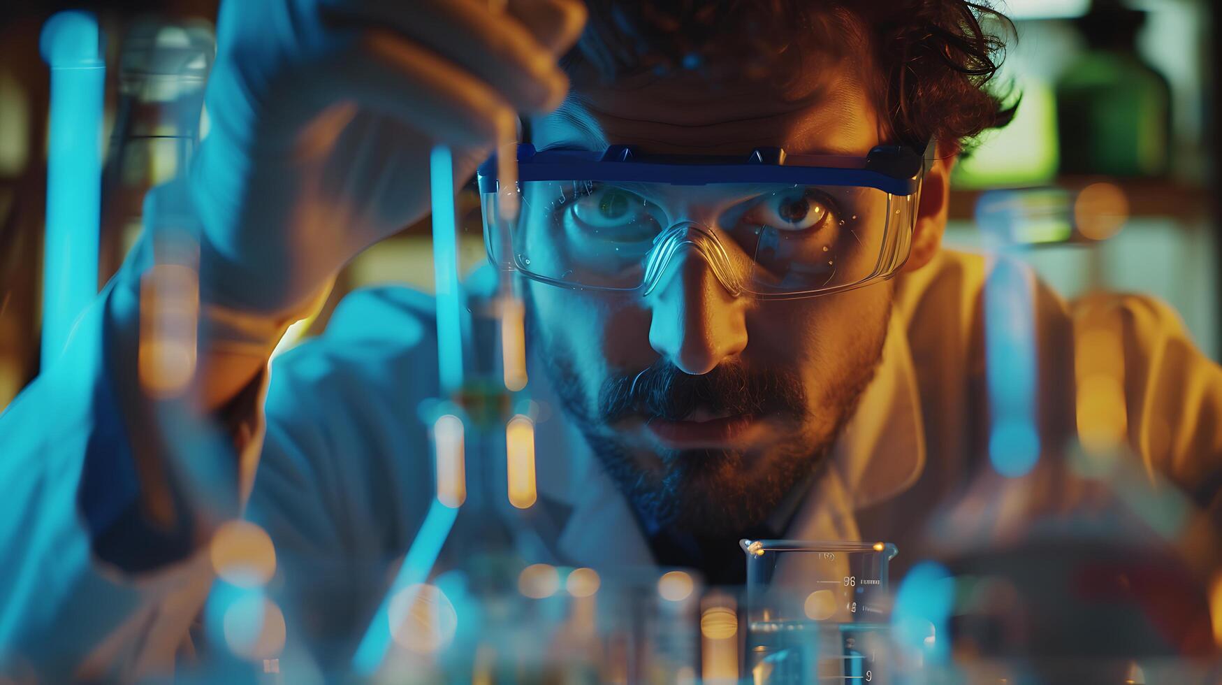 AI generated Scientist Conducts Precise Experiment with Safety Goggles Clear Liquid and Scientific Equipment photo