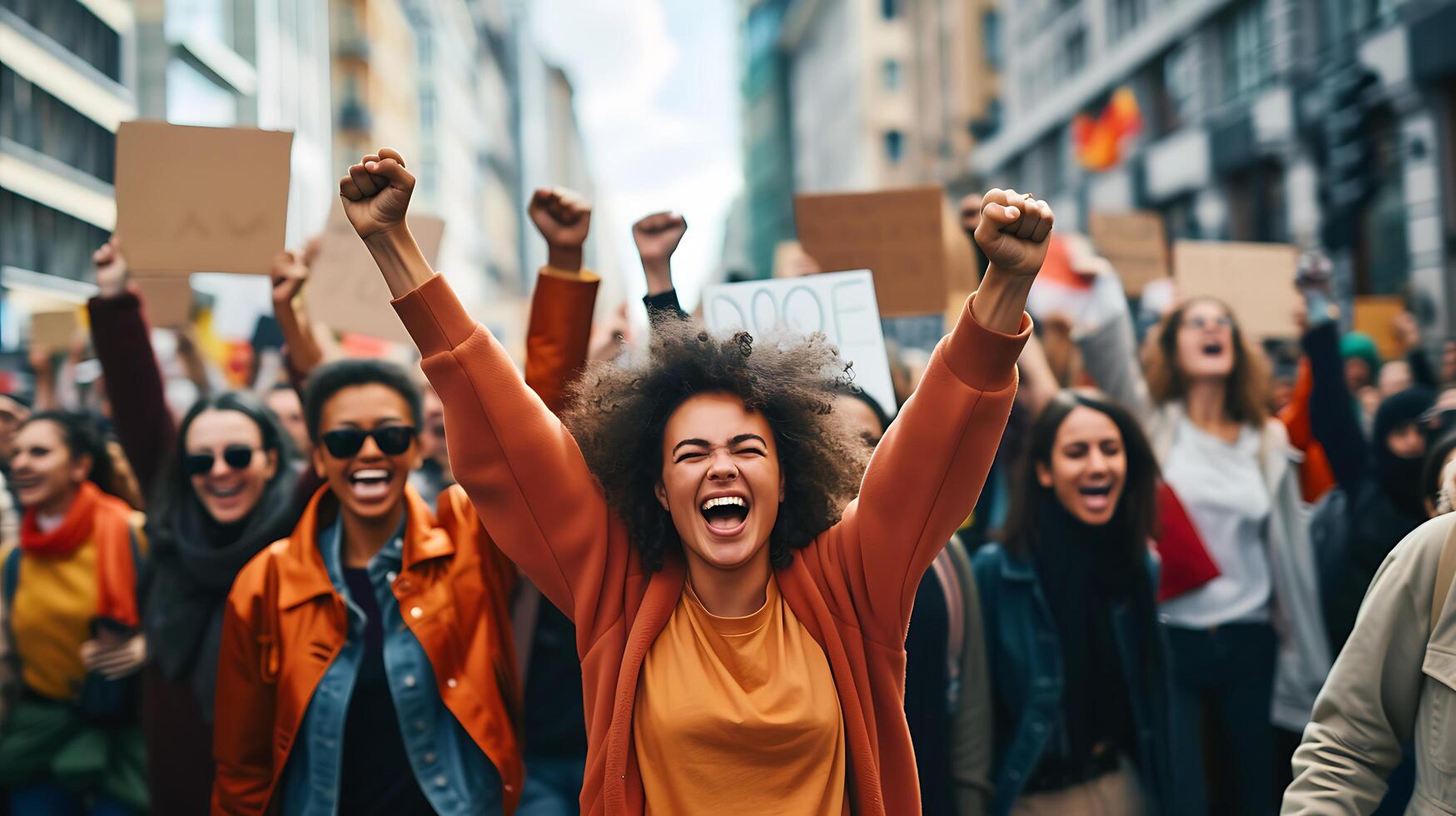 AI generated Diverse Group Marches with Protest Signs in Soft City Glow photo