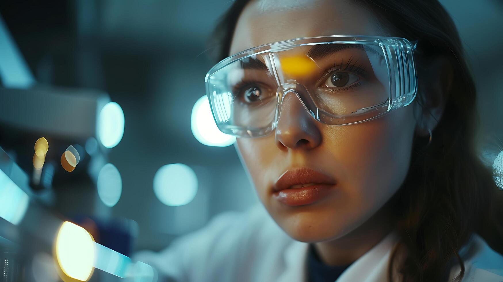 AI generated Female Scientist Engages in Research at Microscope With Lab Equipment in Background photo