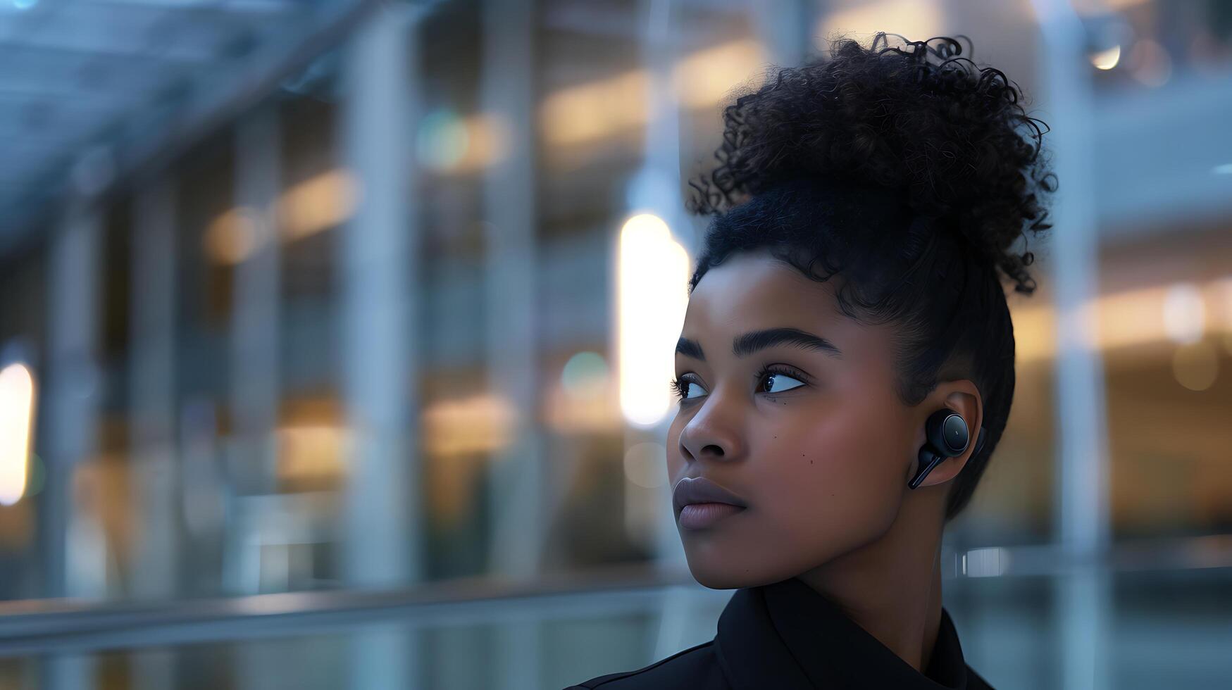 AI generated Person Wearing Wireless Earbuds in Modern Office Space Captured in Close Up with 50mm Lens photo