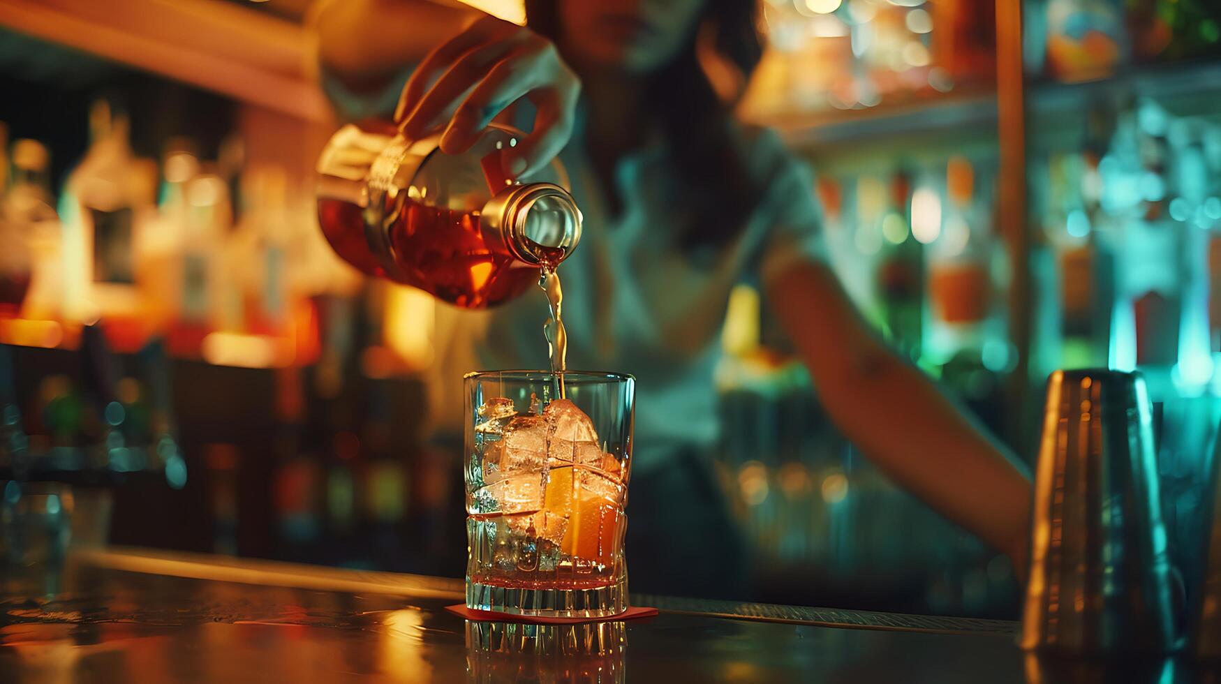 AI generated Colorful Cocktail Poured by Bartender Amidst Vibrant Bar Atmosphere photo