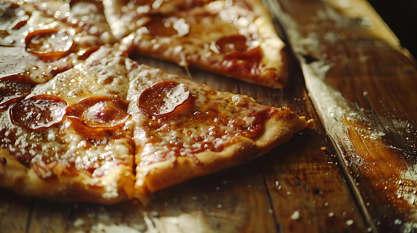 AI generated Freshly Baked Pepperoni Pizza on Rustic Table Emphasizing Crispy Crust and Bubbling Cheese in Warm Natural Light photo