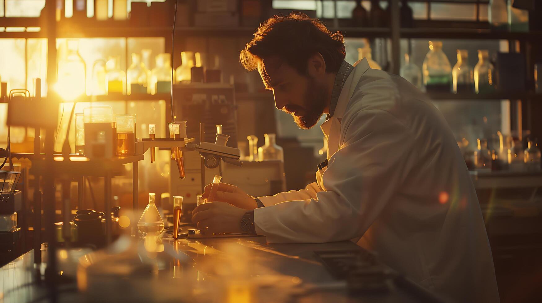 AI generated Scientist Conducts Precise Experiment in Lab Setting Pouring Liquid into Beaker Amid Scientific Equipment photo