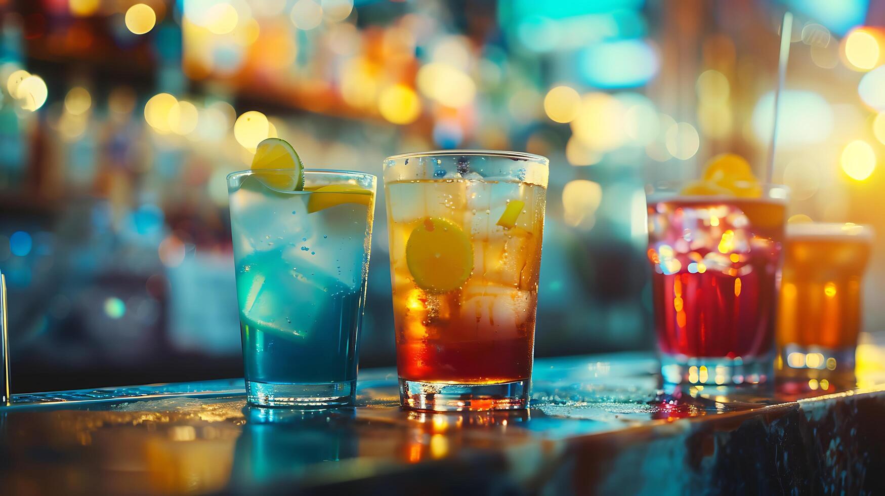 AI generated Vibrant Cocktail Array Adorned with Fresh Fruits and Decorative Umbrellas on Bar Counter photo