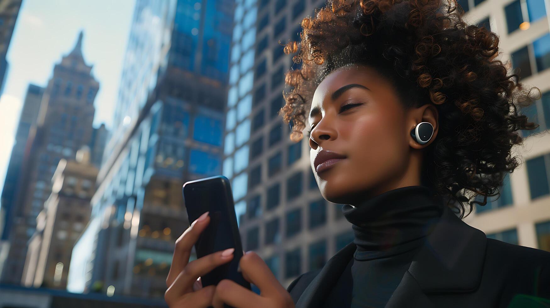 AI generated Young Woman Immersed in Music Smiling with Wireless Headphones and Smartphone photo