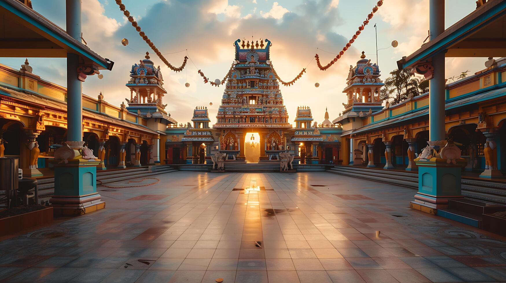 ai generado vistoso hindú templo brilla a amanecer abrazando intrincado tallas y rodeando paisaje foto