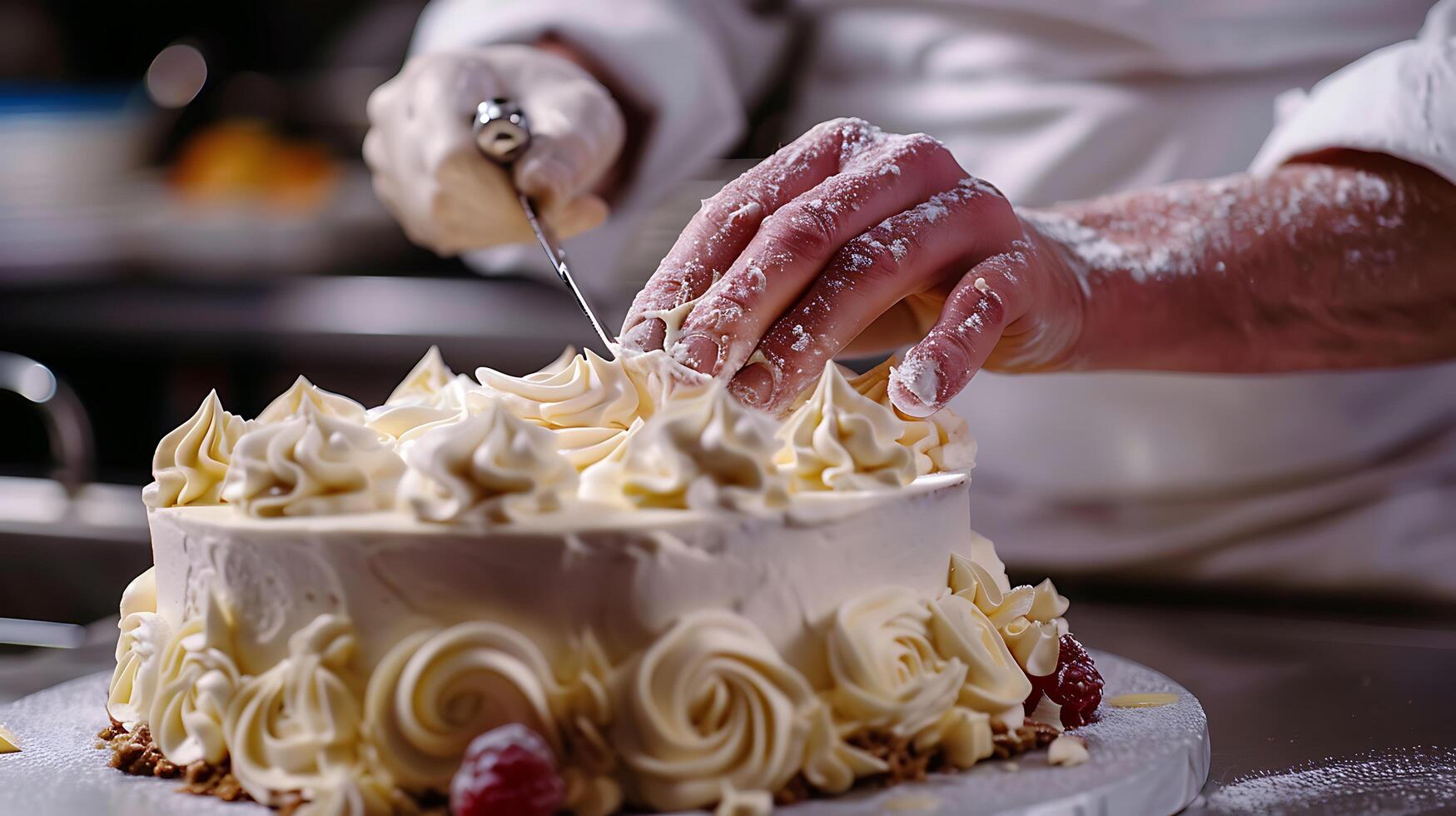 AI generated Chef Adds Finishing Touch to Gourmet Dish with Elegant Table Setting Soft Natural Light photo